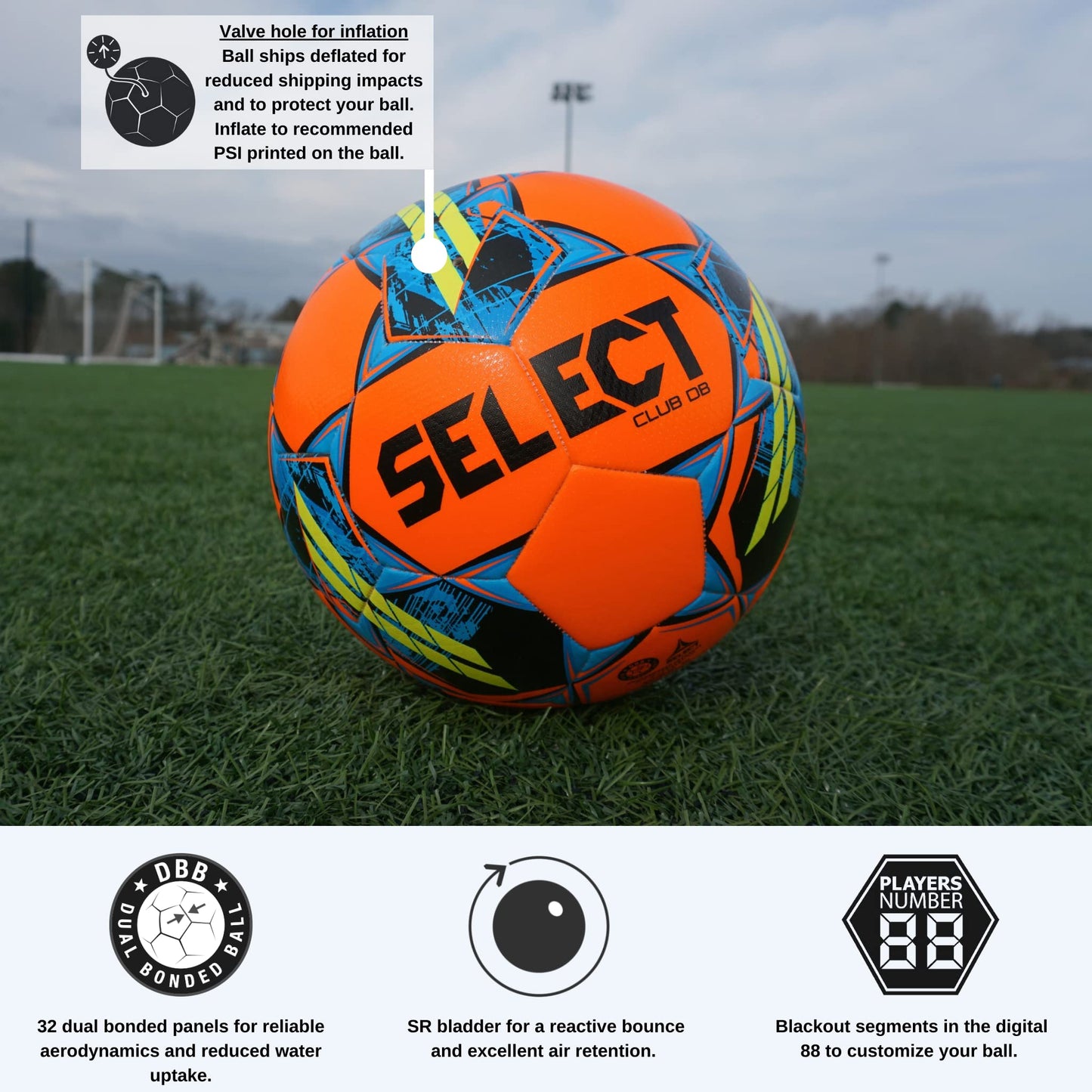 Select Club DB V22 Soccer Ball, Orange/Blue/Yellow, Size 5