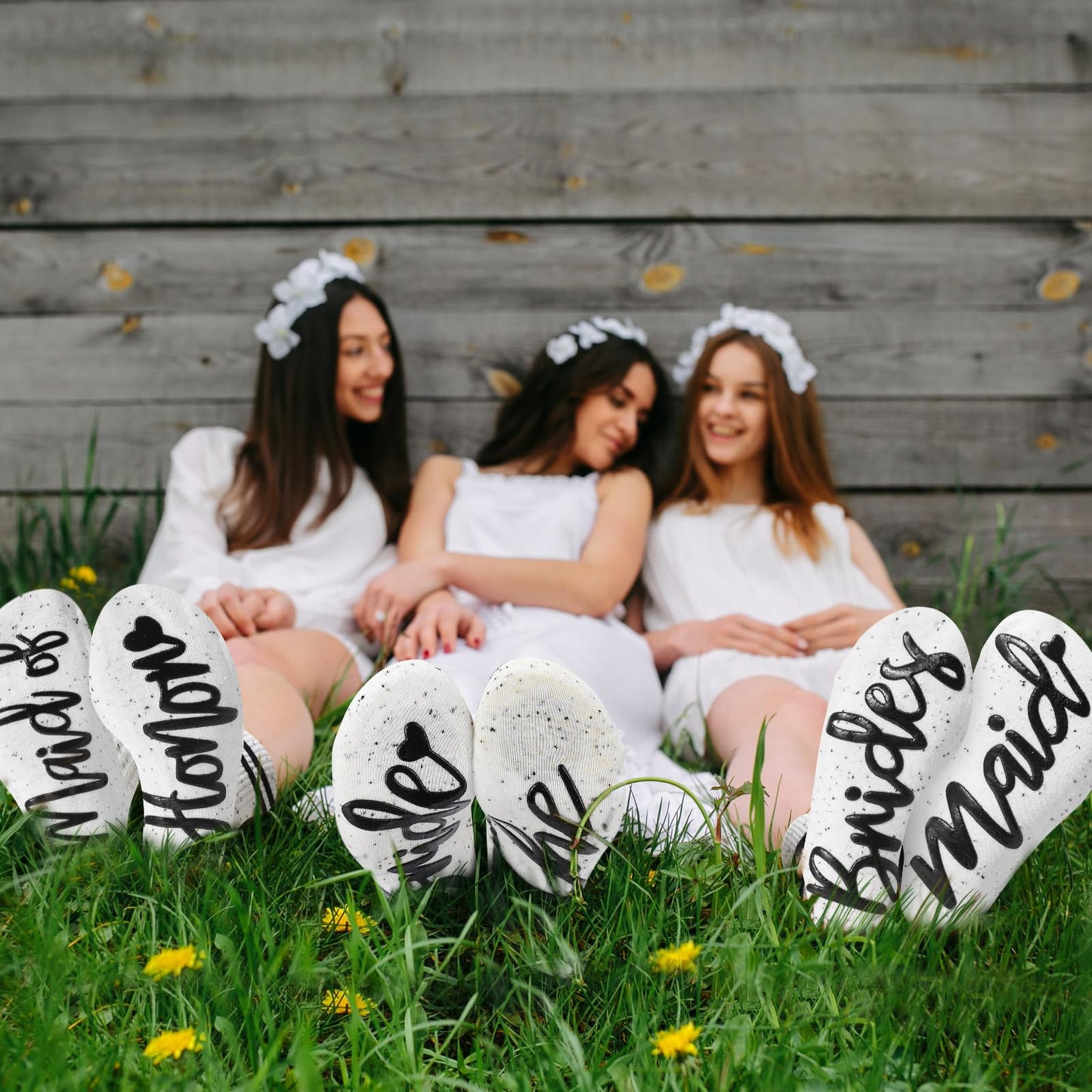 Toulite 7 Pairs Bride Bridesmaid Socks 7 Satin Bridesmaid Scrunchies Women Wedding Gifts Set Bachelorette Party Favors (Novel)