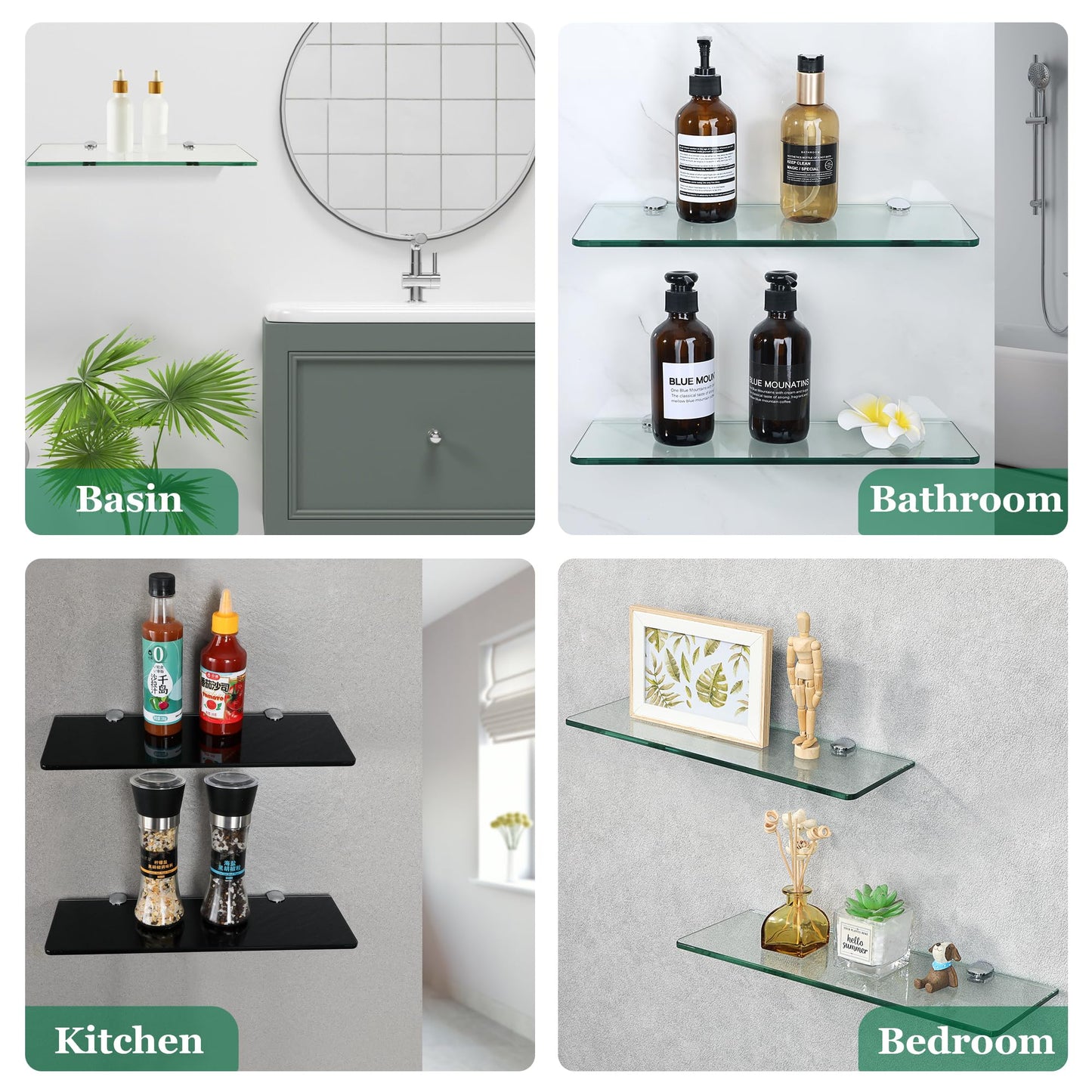 Sayayo Bathroom Shelves Glass Shelf 15 Inch, Floating Shelves Wall Mounted Rectangular Tempered Glass Wall Shelves, Polished, 2 Pack, CGBL1012R-C-2P
