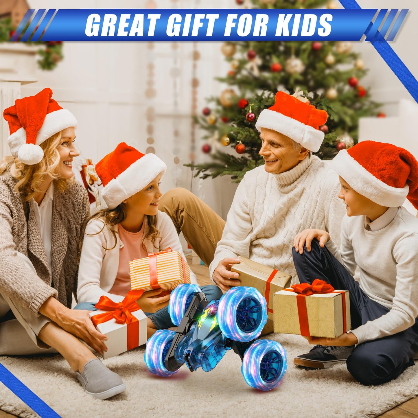 Remote Control Cars,Stunt RC Car Toy for Kids Ages 6-12,Fast USB-C Easy Charging,4WD Rechargeable RC Truck with Colorful Lights,2.4GHz Double-Sided 360° Rotating Birthday Gifts for Boys Girls(Blue)