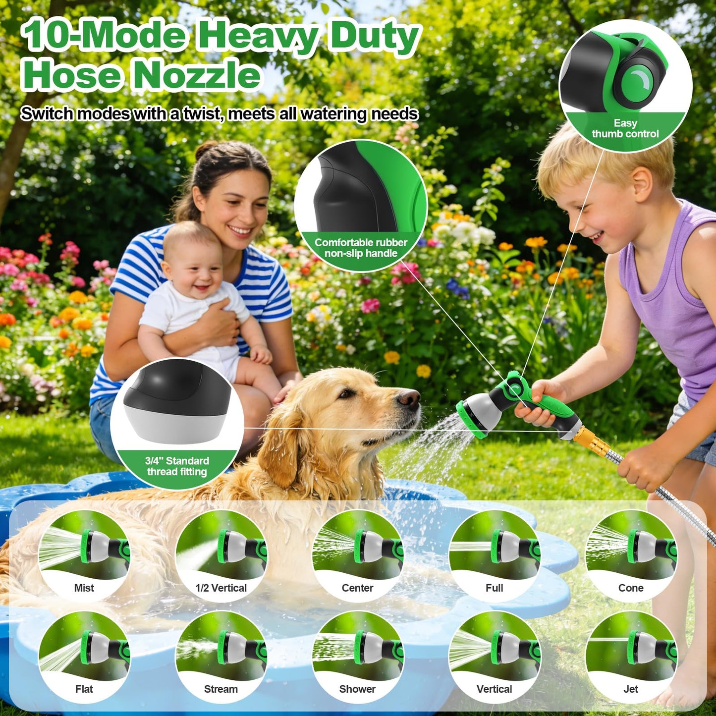 Toolasin Garden Hose 50FT, Flexible Stainless Steel Water Hose with 10-Function Nozzle, No-Kink, Leak-Proof, Anti-Pets, Wear-Resistant, 3/4 GHT, Easy to Use and Store, Ideal for Garden, Yard, Outdoor