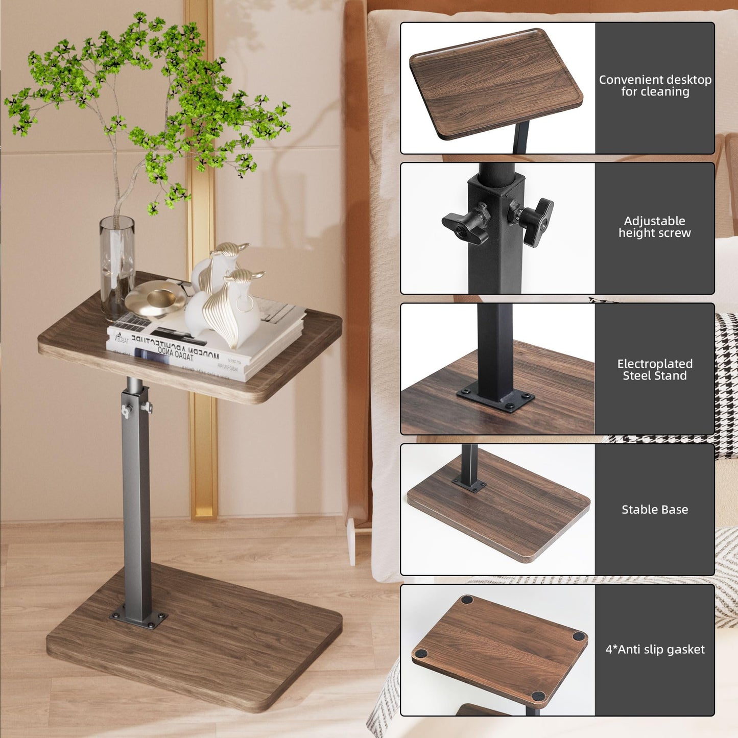 LAKEMID TV Sofa TrayTable Set of 2, 360° Swivel Side Table,Height Adjustable TV Tray, C Shaped Snack End Table for Couch, Bed, Small Living Room Table,Rustic Brown