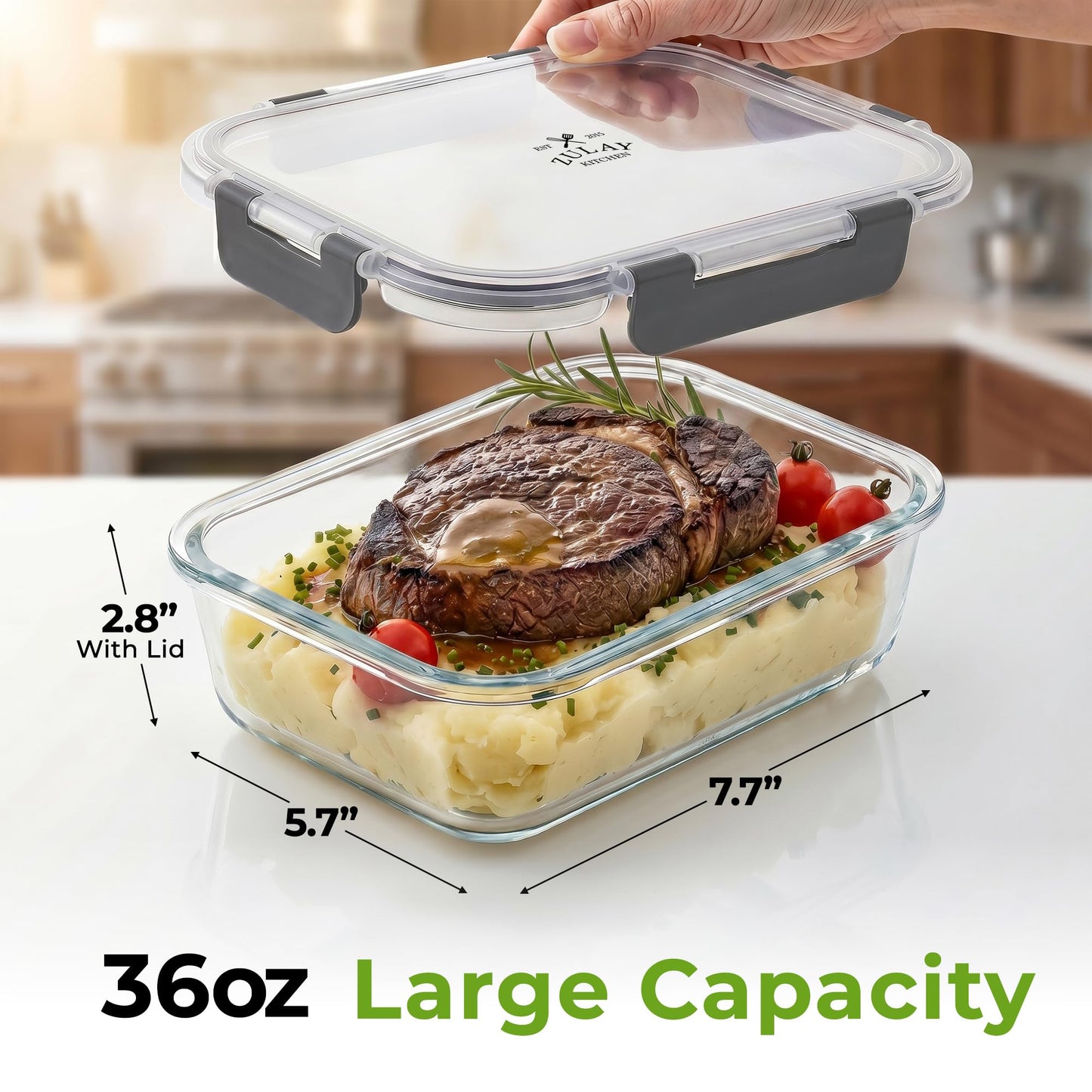 Zulay Kitchen 5 Pack Glass Food Storage Containers with Lids - 36 oz Thick & Durable Glass Meal Prep Containers - Airtight Storage Containers with Lids - Leak-Proof Reusable Meal Prep Containers