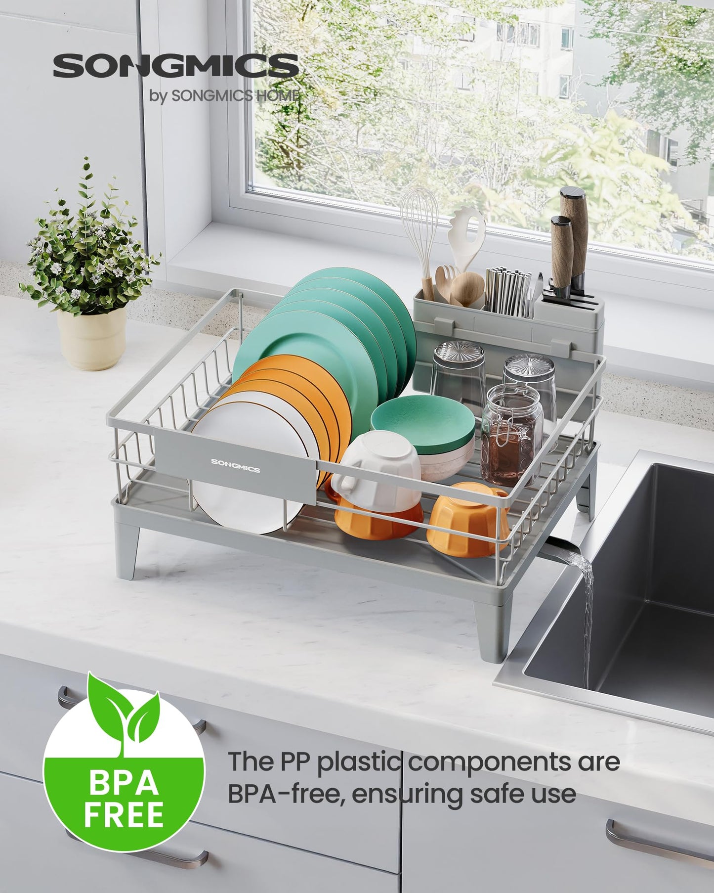 SONGMICS Dish Drying Rack, Kitchen Dish Rack, with Drainboard, 360° Rotatable and Extendable Spout, with Cutlery Holder, 31 x 42 x 18.5 cm, Dove Gray UKCS550G01