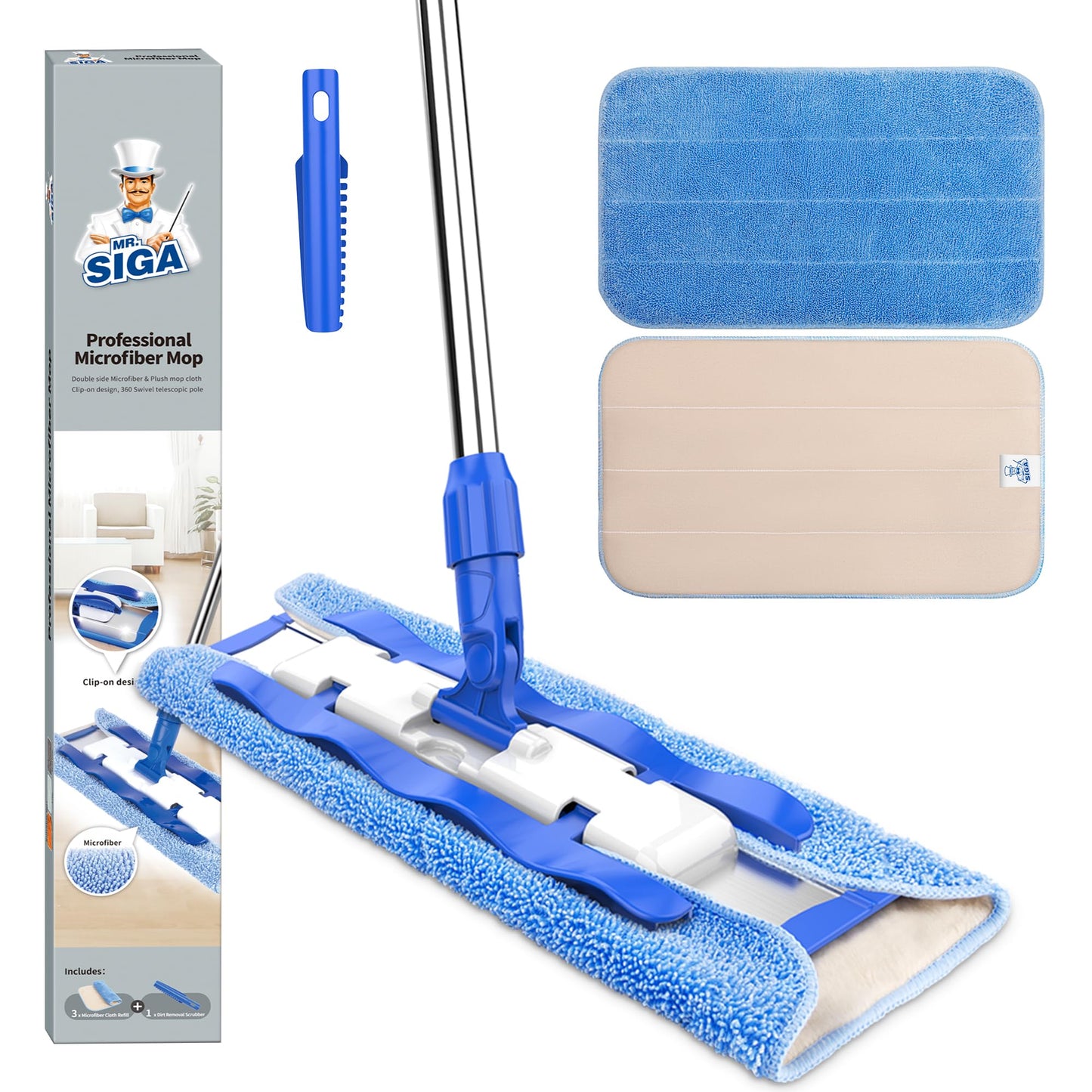 MR.SIGA Professional Microfiber Mop for Hardwood, Laminate, Tile Floor Cleaning, Stainless Steel Handle - 3 Reusable Flat Mop Pads and 1 Dirt Removal Scrubber Included