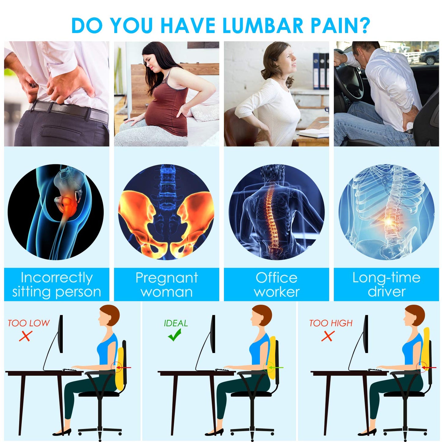Lumbar Support Pillow for Office Chair Car Lumbar Pillow Lower Back Pain Relief Memory Foam Back Cushion with 3D Mesh Cover Gaming Chair Back Pillow Ergonomic Back Rest for Wheelchair Desk