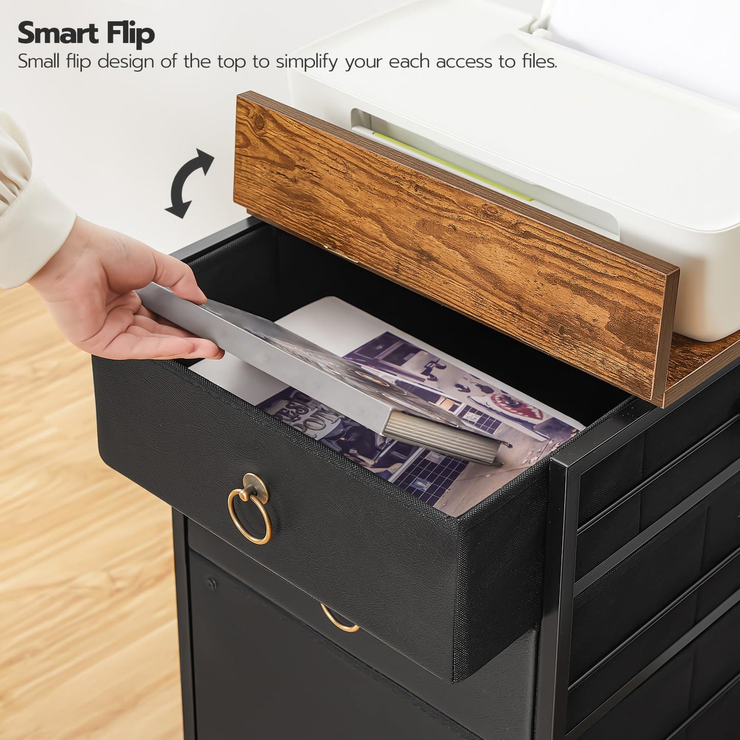HOOBRO Mobile File Cabinet, Rolling Printer Stand with 3 Drawers, Office Cabinet, Fabric Vertical Filing Cabinet fits A4 or Letter Size for Home Office, Black and Rustic Brown BFK30WJ01