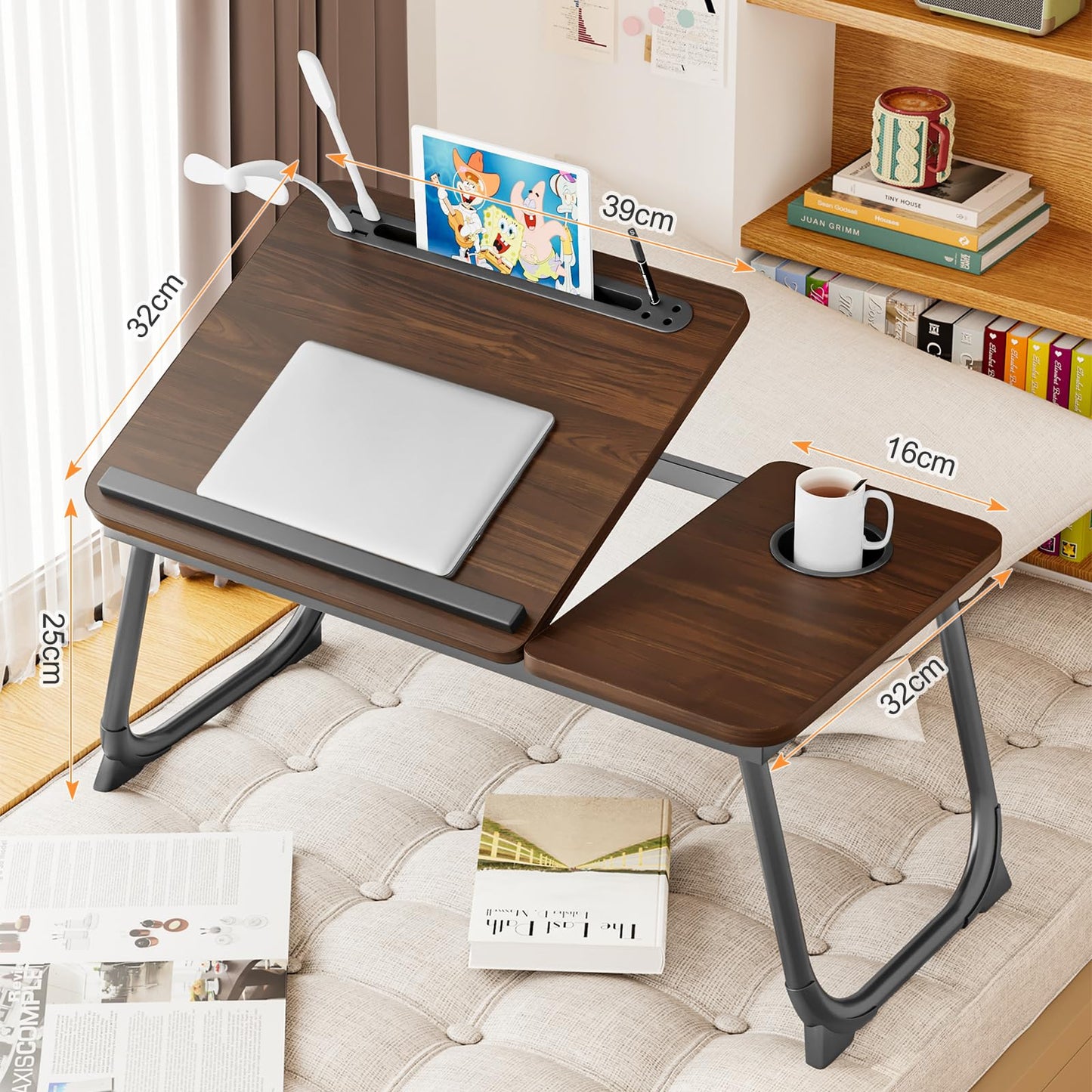 Laptop Desk for Bed, Adjustable Laptop Stand with 5 Adjustable Angles, Portable Lap Tray Table with USB Charge Port and Cup Holder, Laptop Bed Desk Tray for Eating Working (Brown)