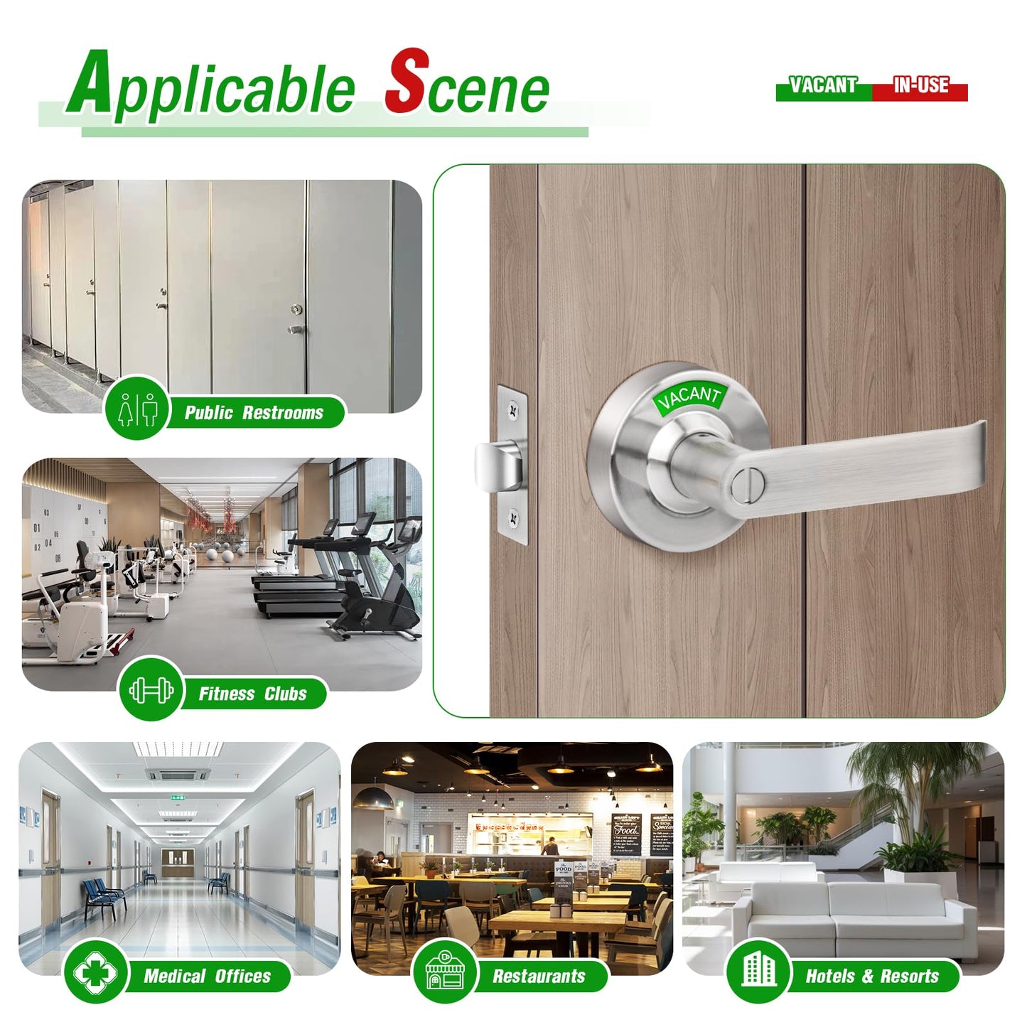 Feeloco Indicator Privacy Lock and Door Lever, Vacant Occupied Bathroom Lock with Privacy in-Use or Vacant Indicator, ANSI Grade2 Commercial Door Handle Lock for Public Restrooms