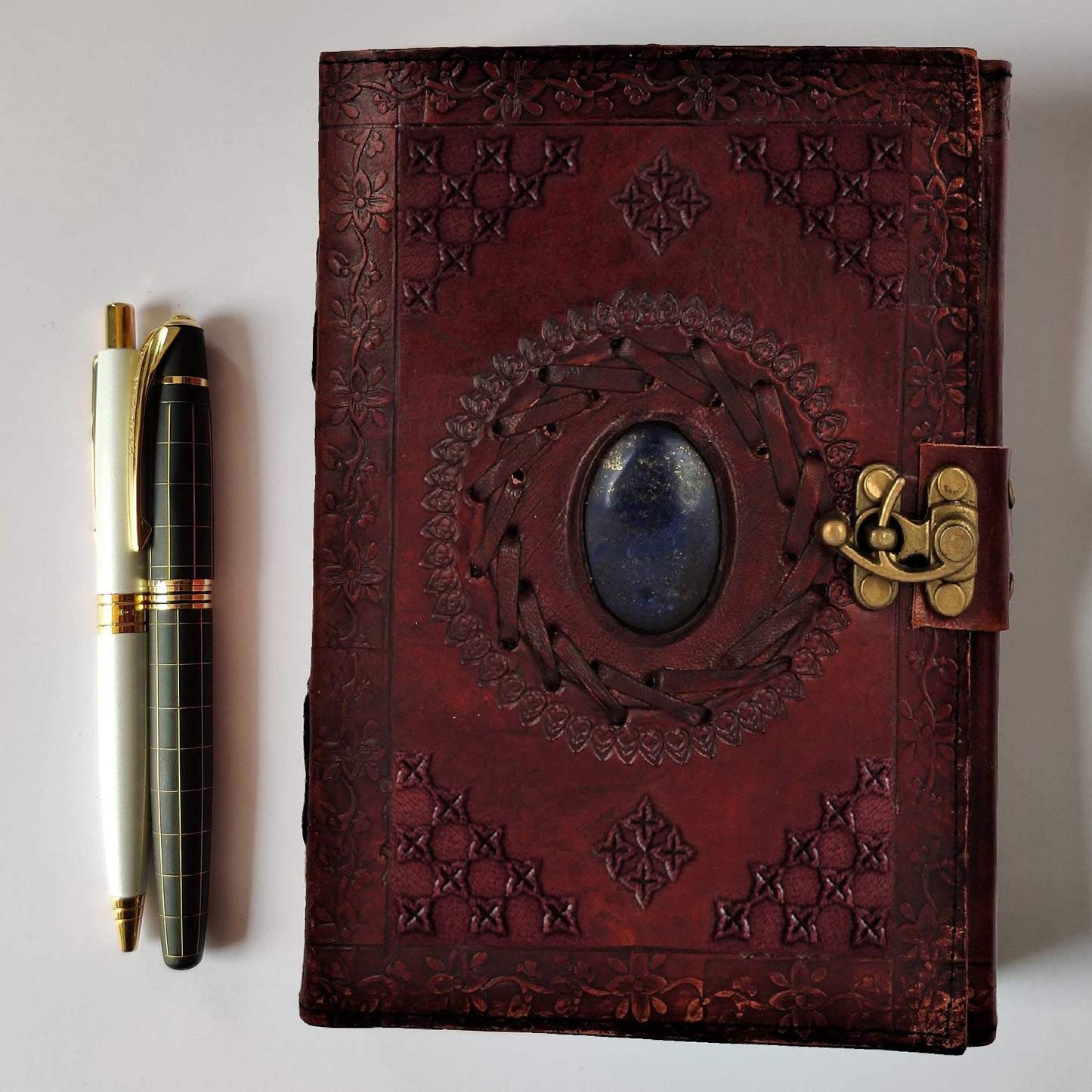 Leather Bound Journal for Men Women with Semi-Precious Stone & Buckle Closure - Book of Shadow Handmade Leather Travel Writing Notebook Diary Gift for Him Her
