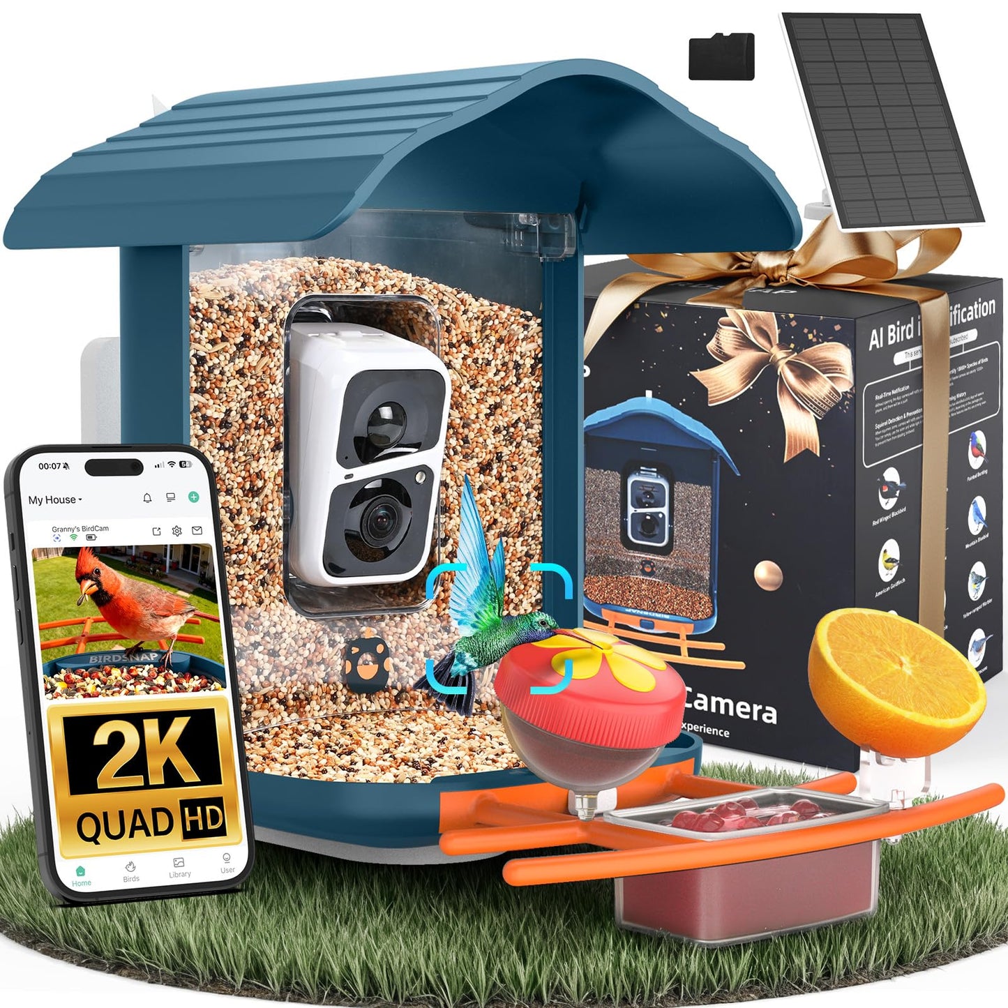 birdsnap® PAV- Smart Bird Feeder with Camera Solar Powered, 64GB Card & 2K HD Record Video Bird Camera Live with 5 DIY Add-ons, AI Identify Auto Capture, Ideal Gift for Birds Lover