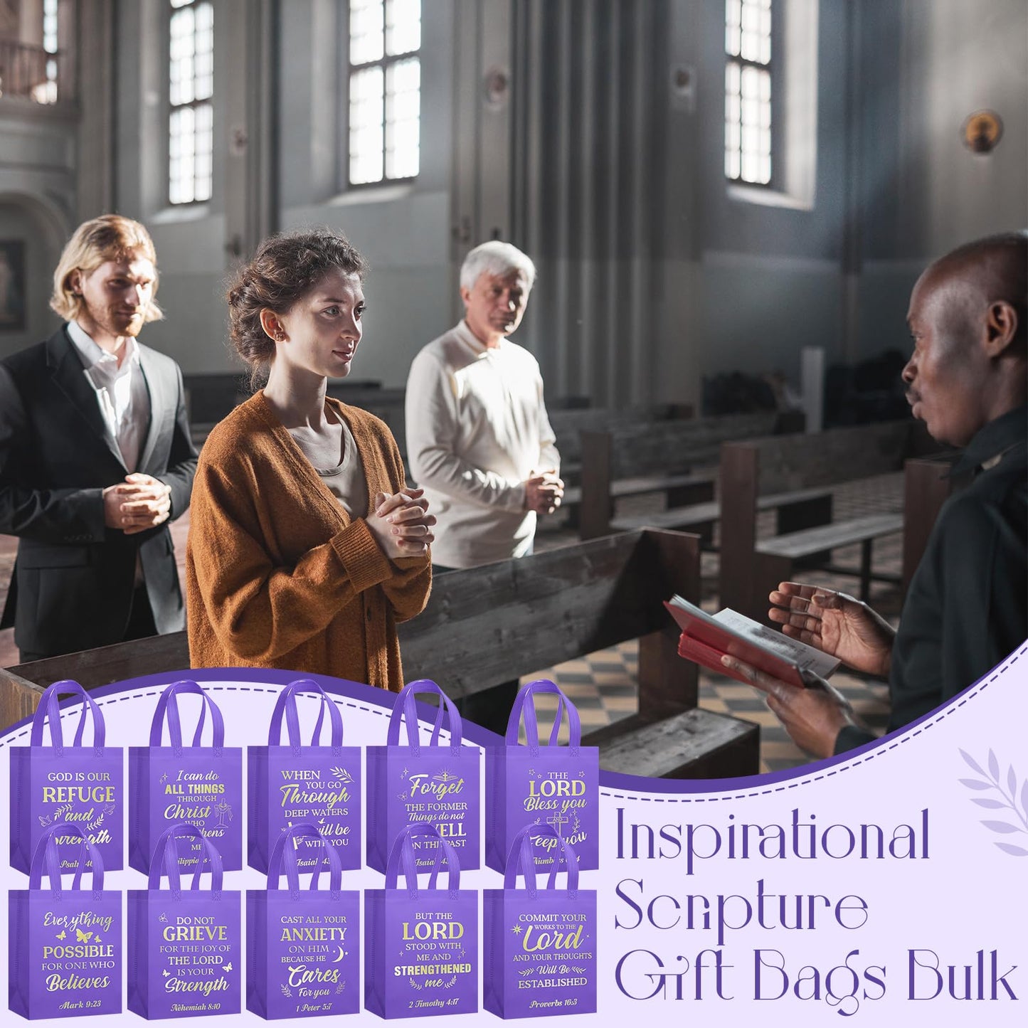Talltalk 50 Pcs Christian Gift Bag Bulk Reusable Bible Verse Tote Religious Welcome Visitors Church Bags with Scriptures Clergy Pastor Gift for Sunday School Party Favors Christmas(Purple,Medium)