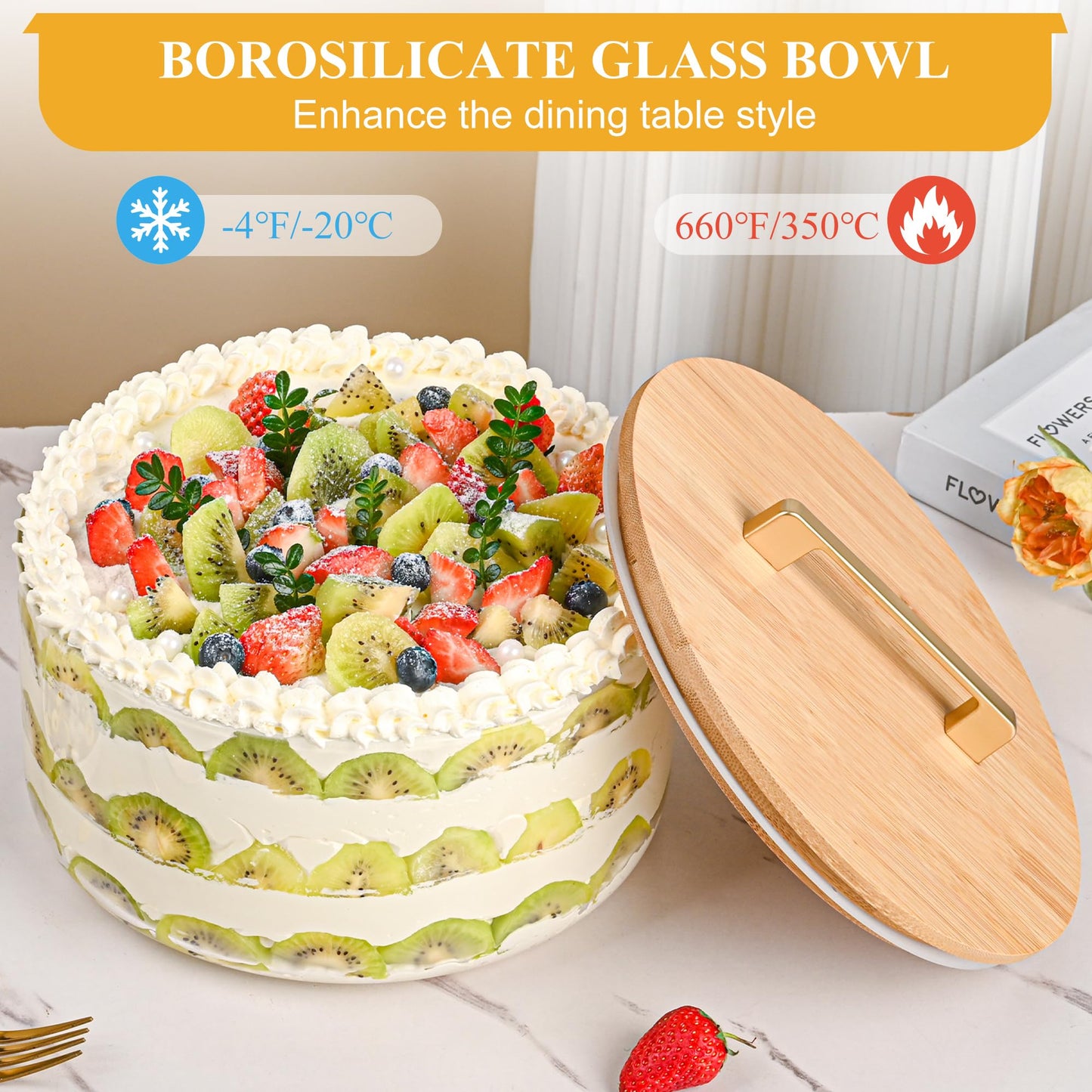 Soumeclu Glass Trifle Bowl with Airtight Lid, 155oz Large Salad Bowl, Glass Serving Bowl for Popcorn, Cake, Salad, Fruit, Baking, Dessert and Party Diy, BPA Free, Oven, Dishwasher Safe
