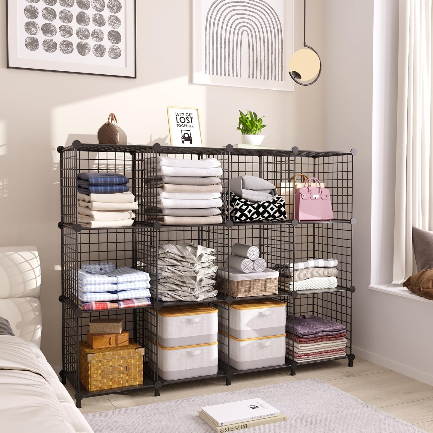 AWTATOS Wire Storage Cubes Closet Shelves Organizer 12 Cube Wire Grids Storage Shelves Metal Cube Storage Organizer Shelving Modular Bookshelf Stackable Bins Shelf for Bedroom, Office, Black
