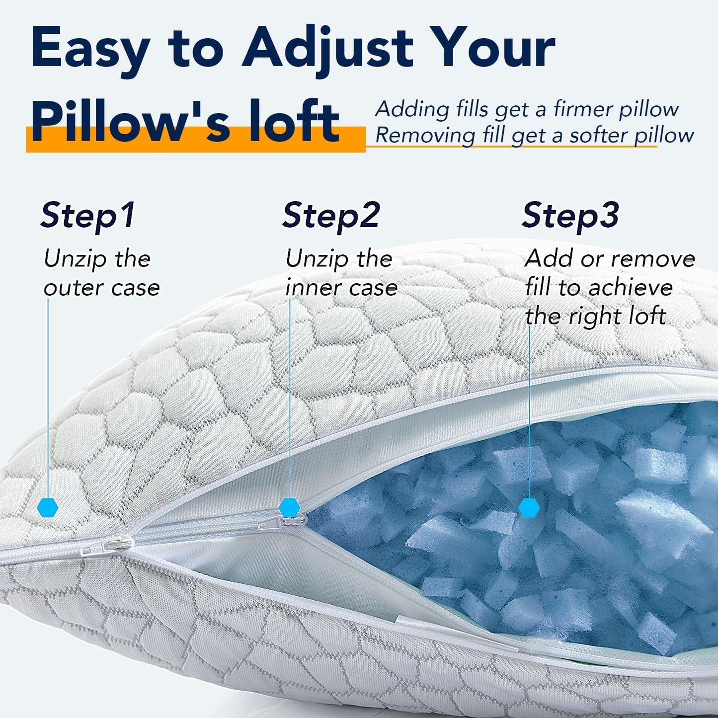 Cooling Memory Foam Pillow for Sleeping, Adjustable Shredded Memory Foam Bed Pillow, Breathable Cooling Fabric Cover, Soft & Supportive Pillow for Side Back Stomach Sleepers, Queen Size 1-Pack
