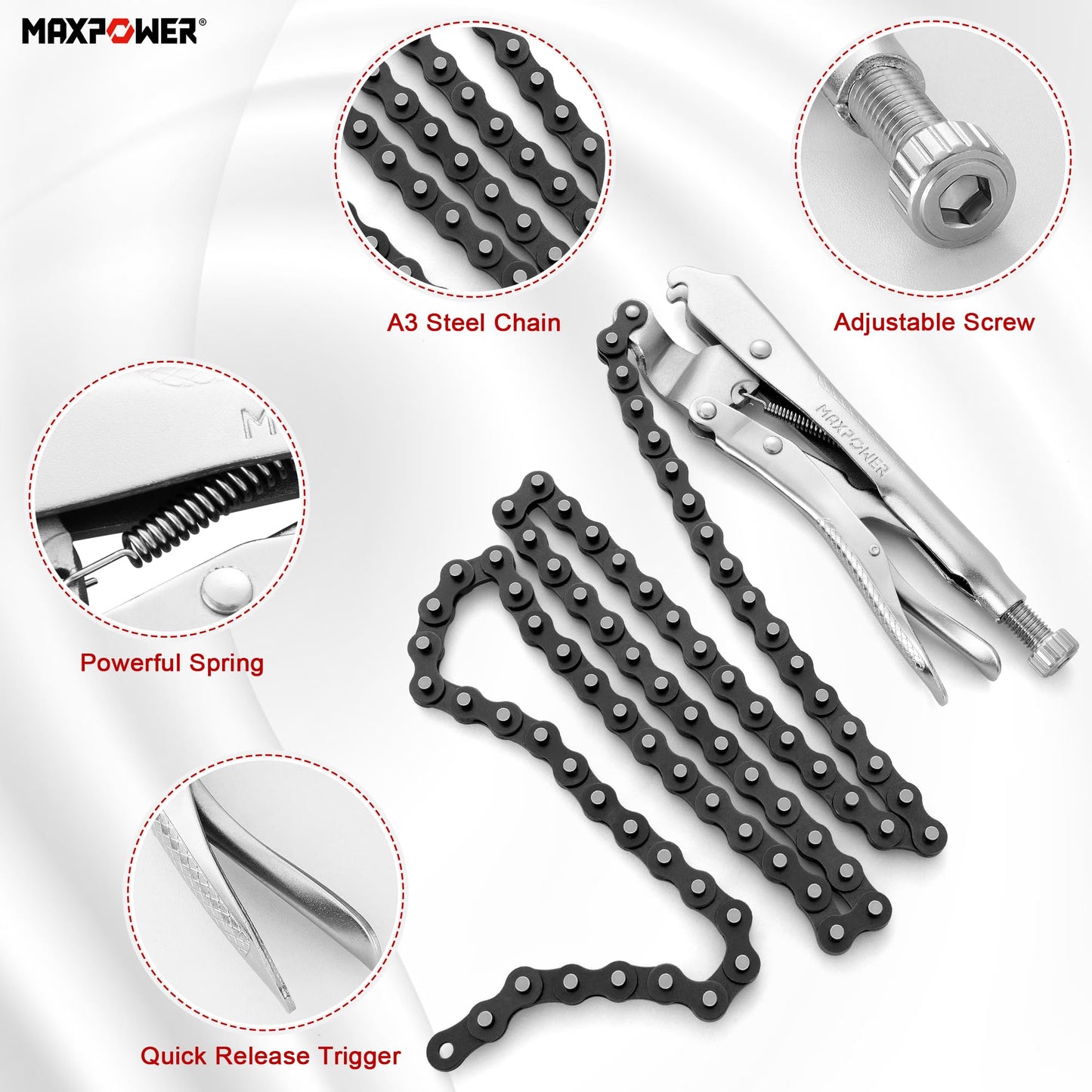 MAXPOWER 9-Inch Locking Chain Clamp with Adjustable 47-Inch Chain, Heavy-Duty Vise Grip Pliers for Securing Irregular Shapes and Pipes