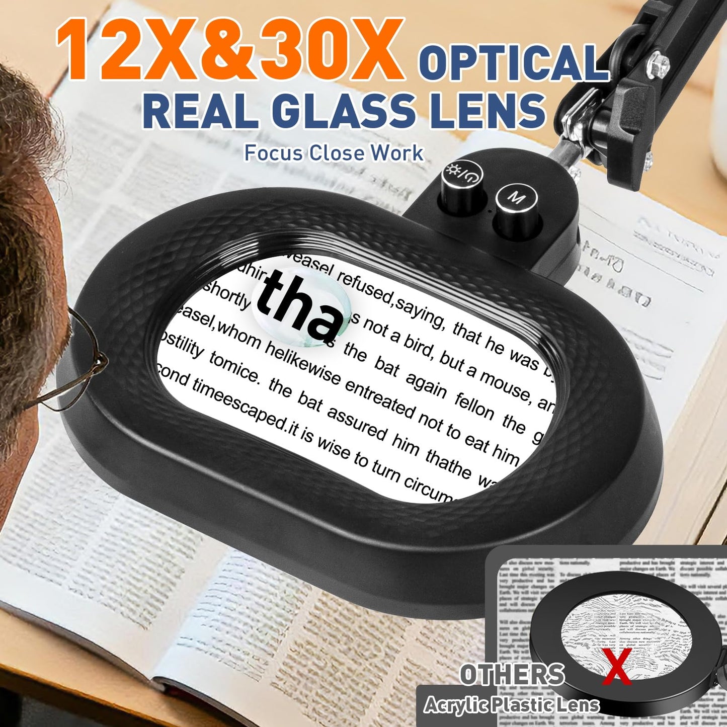 KUVRS 30X & 12X Magnifying Glass with Light and Clamp, Extra-Long Arm Magnifying Desk Lamp with 3-Axis Rotate Head for Workbench Craft Repair Sewing, Infinite Color Dimmable Large Lighted Magnifier