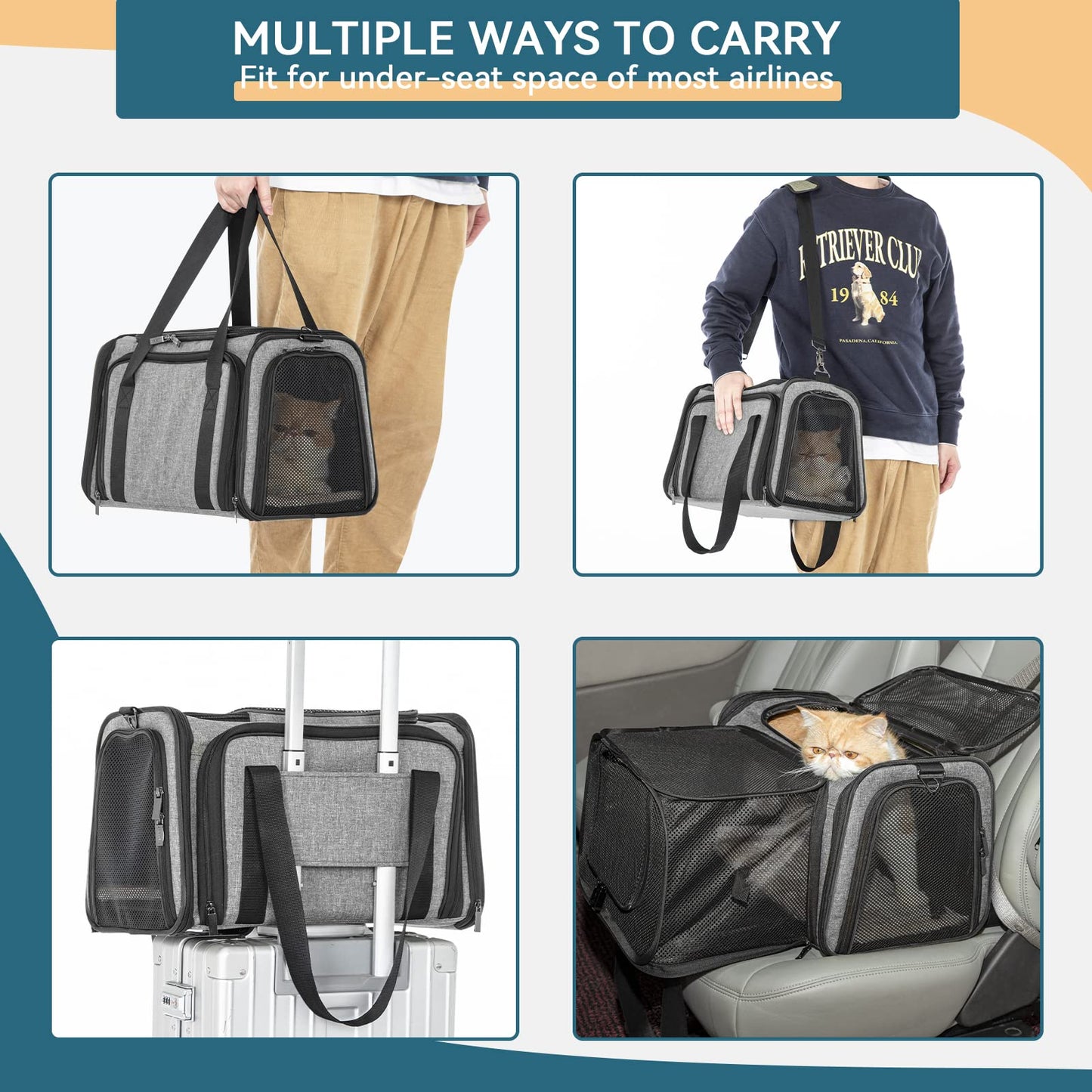 Petsfit Expandable Pet Carrier Airline Approved, Cat Carrier with Locking Zipper and Shoulder Strap, Storage Pockets, Cats, Kittens Puppies or Small Dog up to 15 Pounds,Gray M