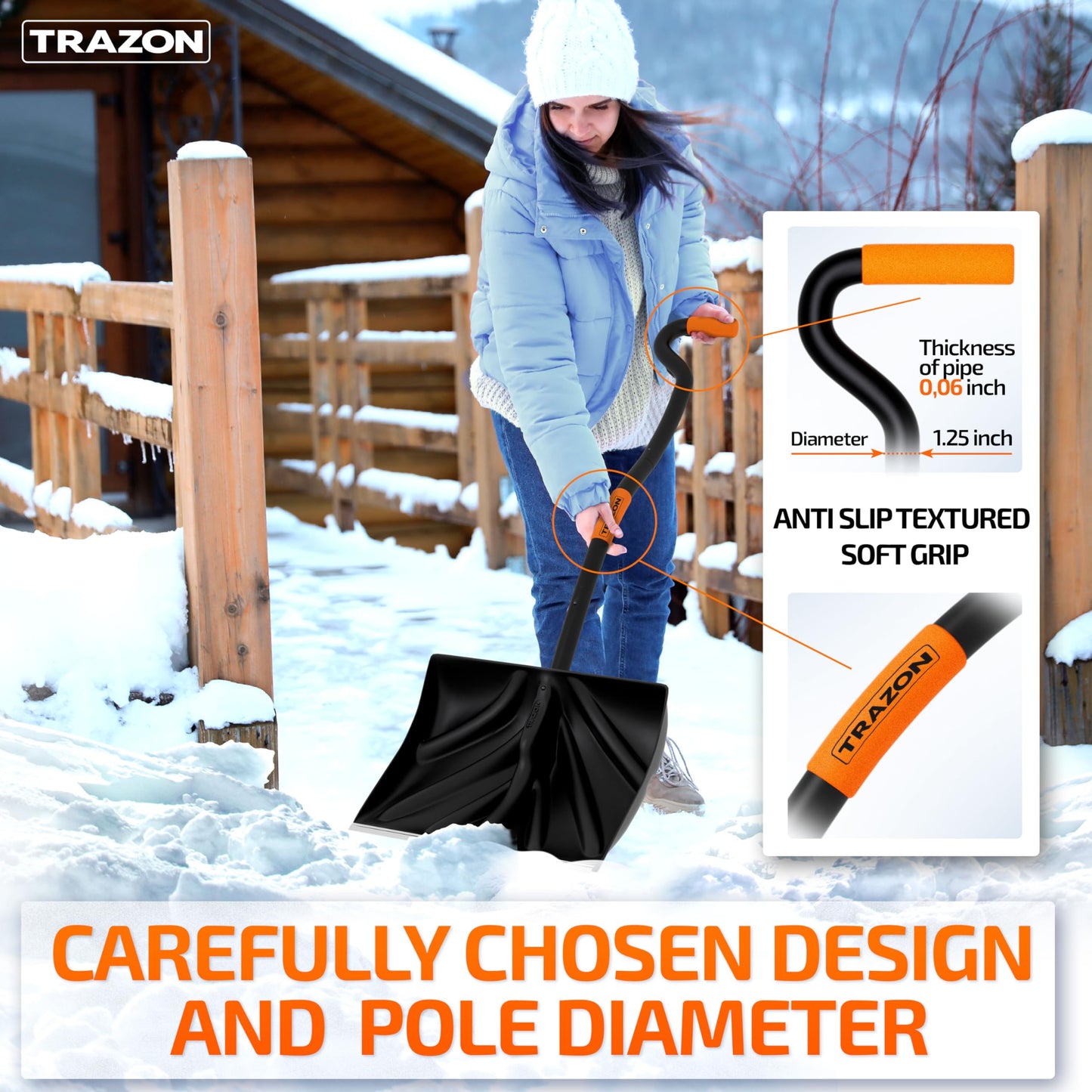 Snow Shovel Heavy Duty for Driveway with Ergonomic Handle to Use Without Backpain for Home Garage Car - Snow Shovel with 18 Inch Blade Large Capacity and 150 Inch Long Ergonomic Handle (Black)
