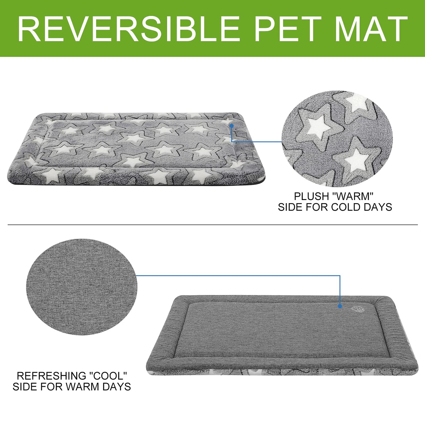 EMPSIGN Fancy Dog Bed Mat, Pet Bed Pad Reversible (Cool & Warm), Machine Washable Crate Pad, Pet Sleeping Mat for Small to XXX-Large Dogs, Grey, Star Pattern