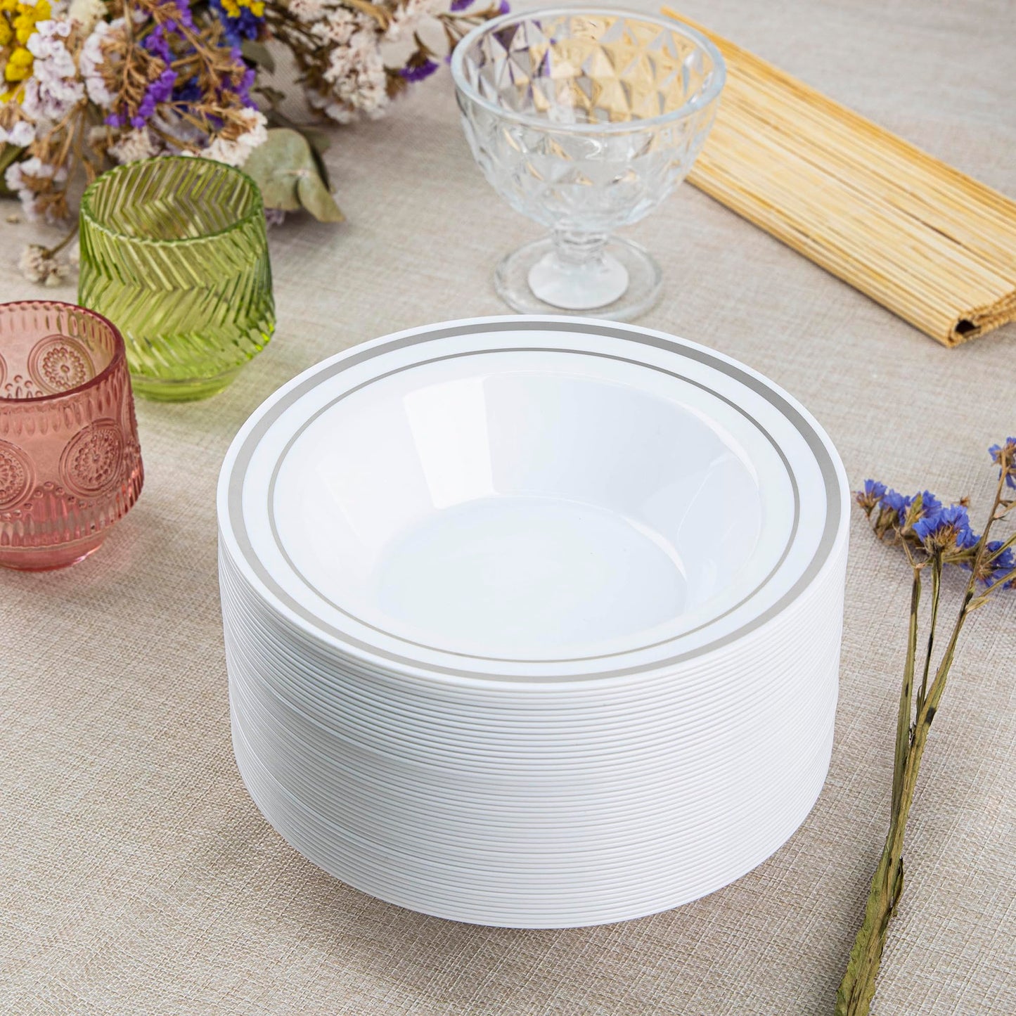 Setup [12 oz. - 50 Piece] Dessert Soup Bowls with Silver Rim, Bowls Disposable - Premium Heavy-Duty Disposable Soup Bowls for Party, Wedding, and All Occasions