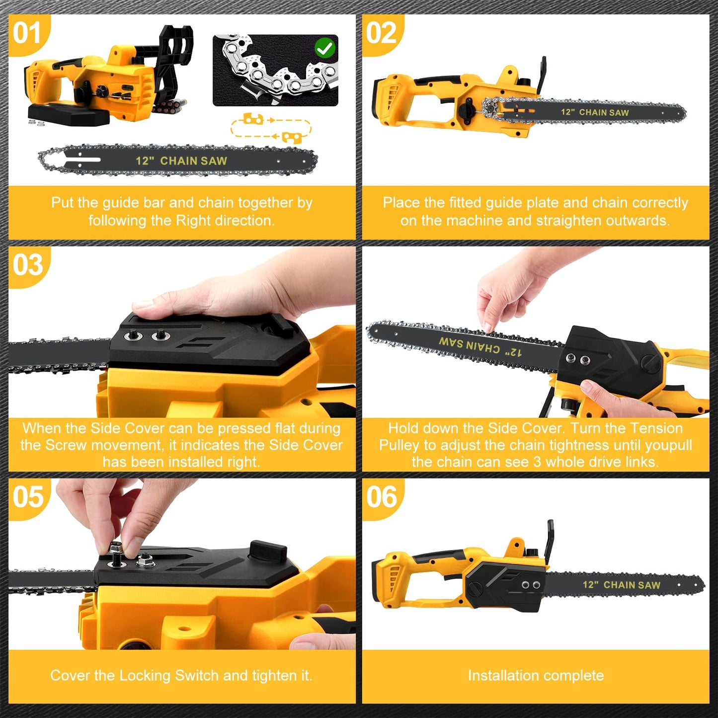 Brushless Chainsaw Compatible with Dewalt 20V Battery, 12 Inch Mini Chainsaw Cordless with 3 Chains and Security Lock Handheld Electric Chainsaw for Wood Cutting, Tree Trimming (No Battery)