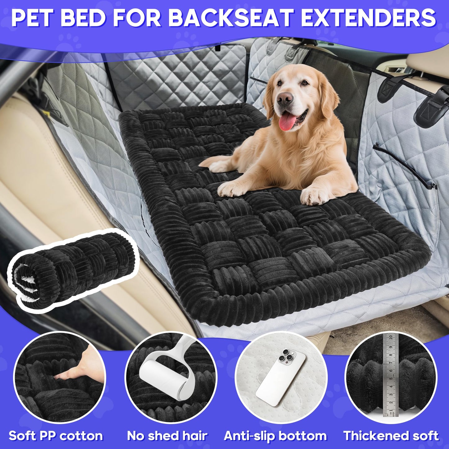 Dog Car Bed Mat, Non-Slip Backseat Extender Pet Blanket, Plaid Dog Bed for SUVs, Sedans & Trucks, Chew-Resistant Travel Pad for Dogs, Easy Clean & Scratch-Proof & Comfort (50"x24.6") Black
