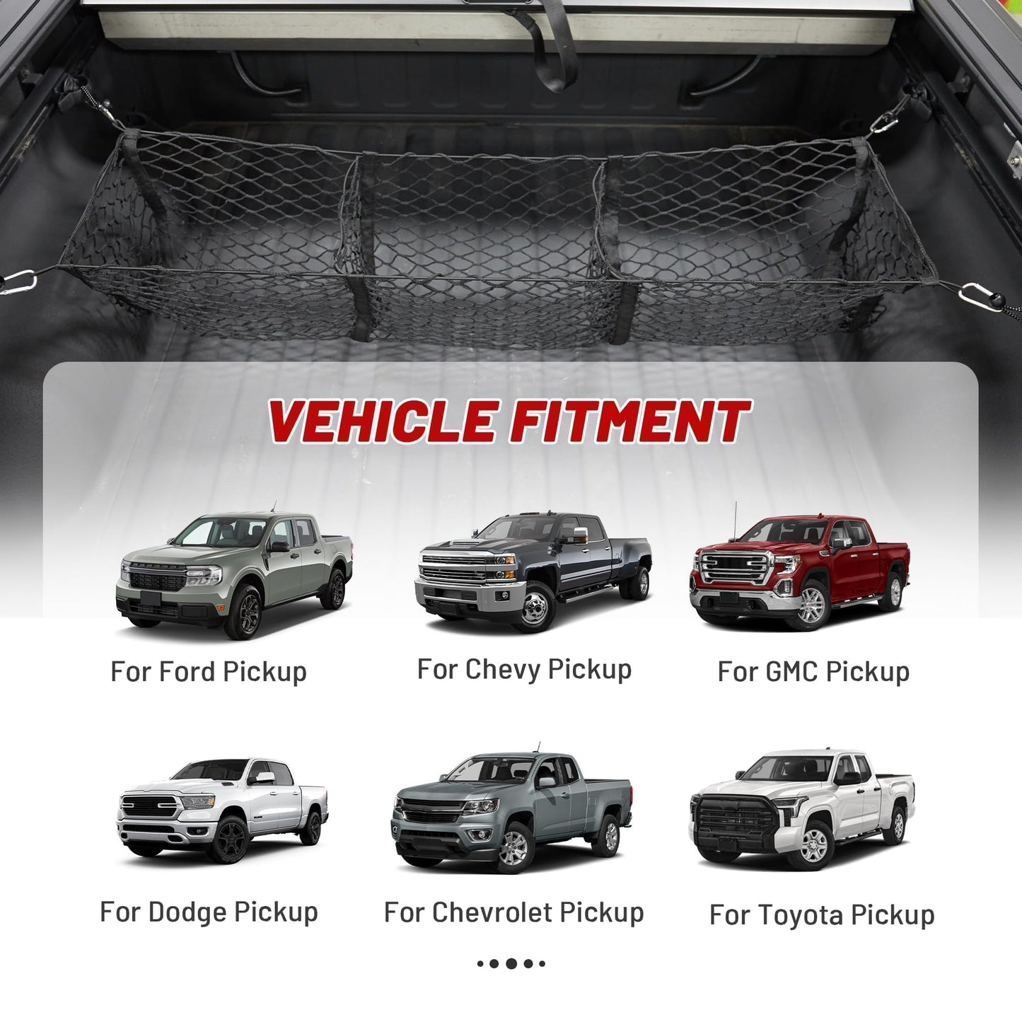 RED WOLF 3 Pockets Cargo Net for Pickup Trunk Ford Dodge Chevy GMC Trunk Bed Storage Organizer Stretchable Rear Cargo Storage Mesh Netting (47.2X 11.8X 11.8 Inch)