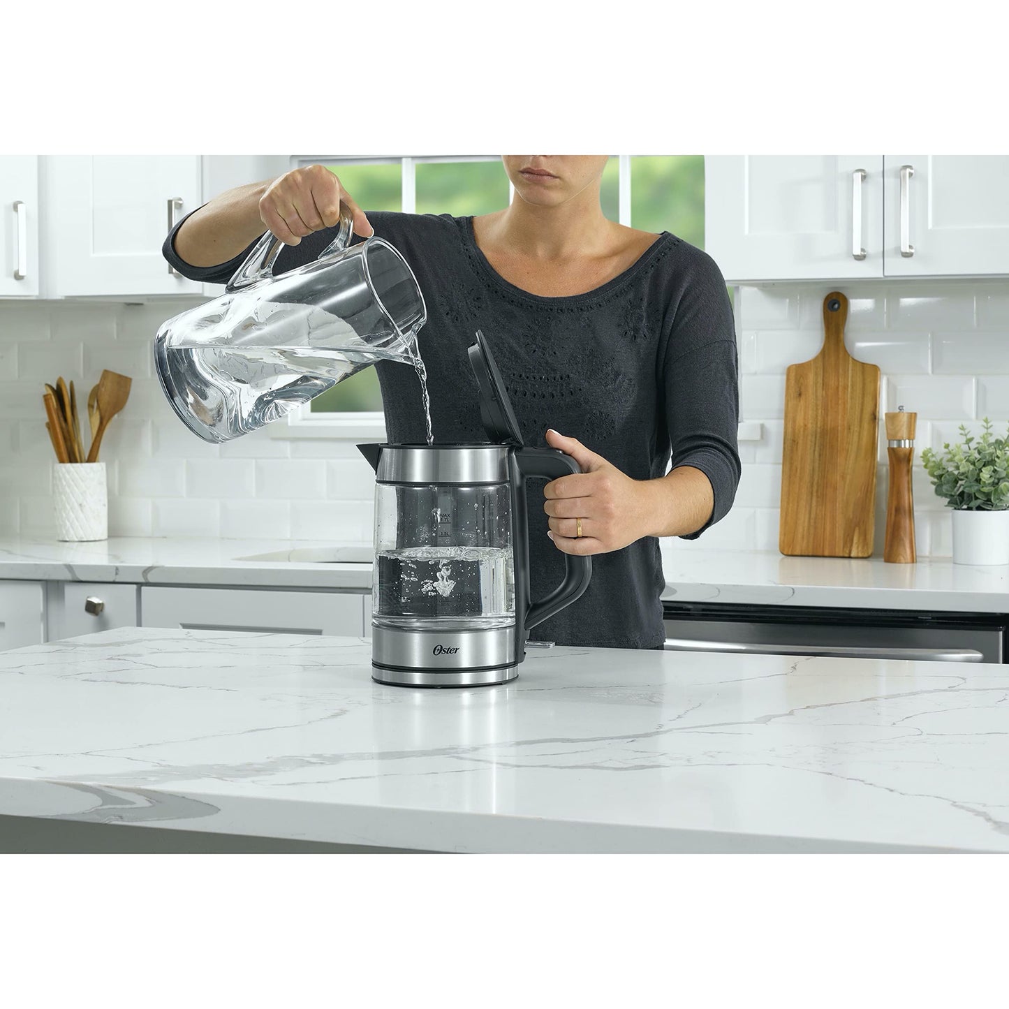 Oster Illuminating Electric Glass Kettle with LED Indicator and Auto Shut Off, Clear & Stainless Steel, 1.7 L