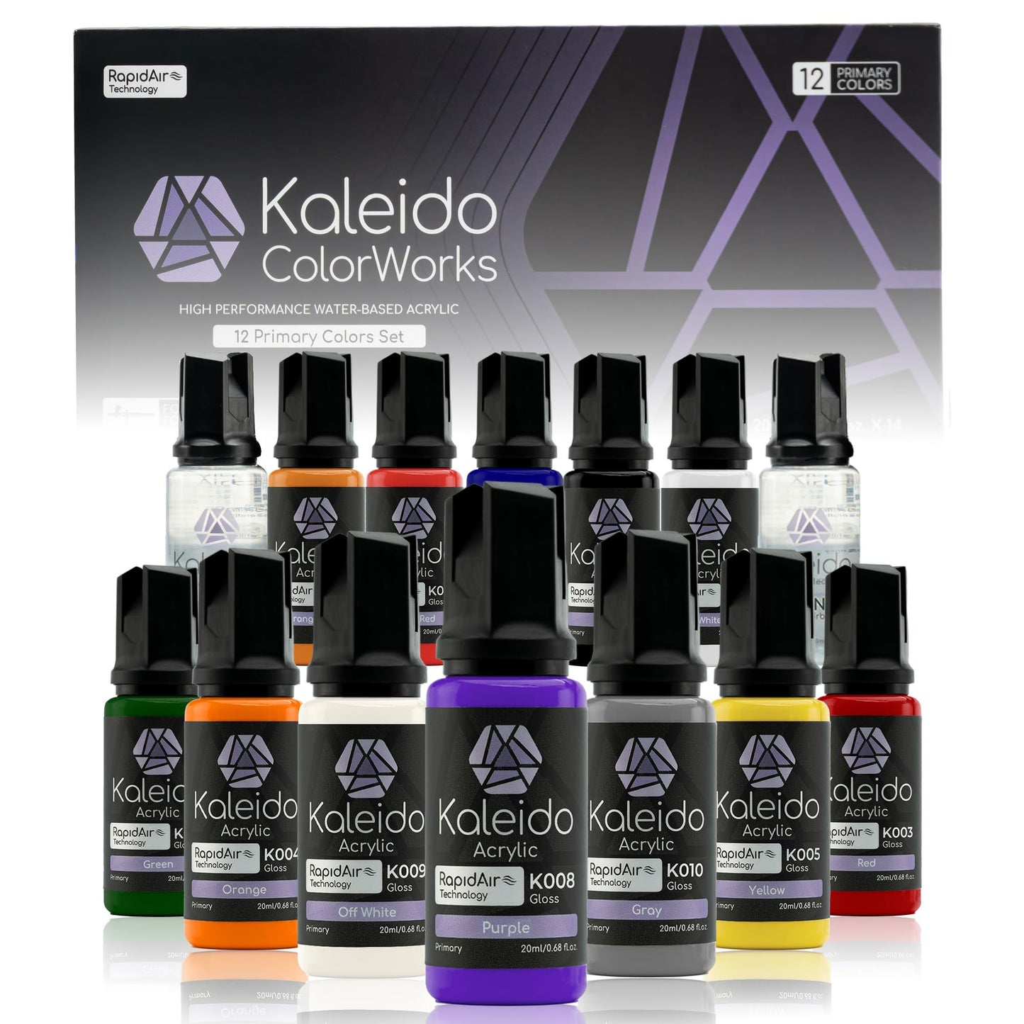 Gaahleri Kaleido Primary 12-Color Set – Water-Based Acrylic Airbrush Paint Kit for Scale Models, Gundam, Mecha, Cars & Miniatures – Pre-Thinned, High Gloss, Fast-Drying, with Thinner & Cleaner