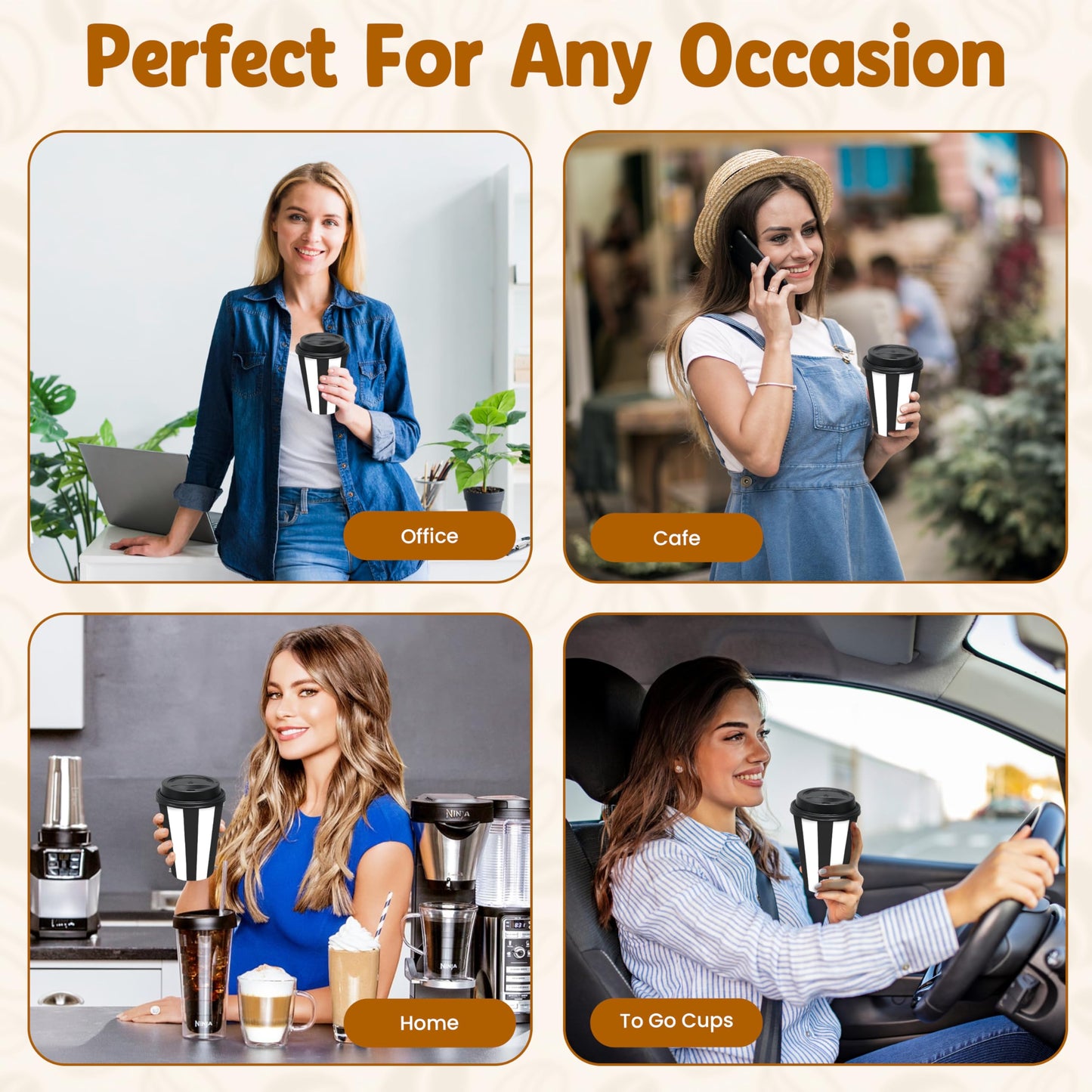 100 Pack - 12 oz Disposable Coffee Cups with Lids and Sleeves - Double Wall Kraft Paper to-Go Hot/Cold Cups with Lids - Thickened Coffee Paper Cups for Office, Restaurant, Party, Cafe & Takeout