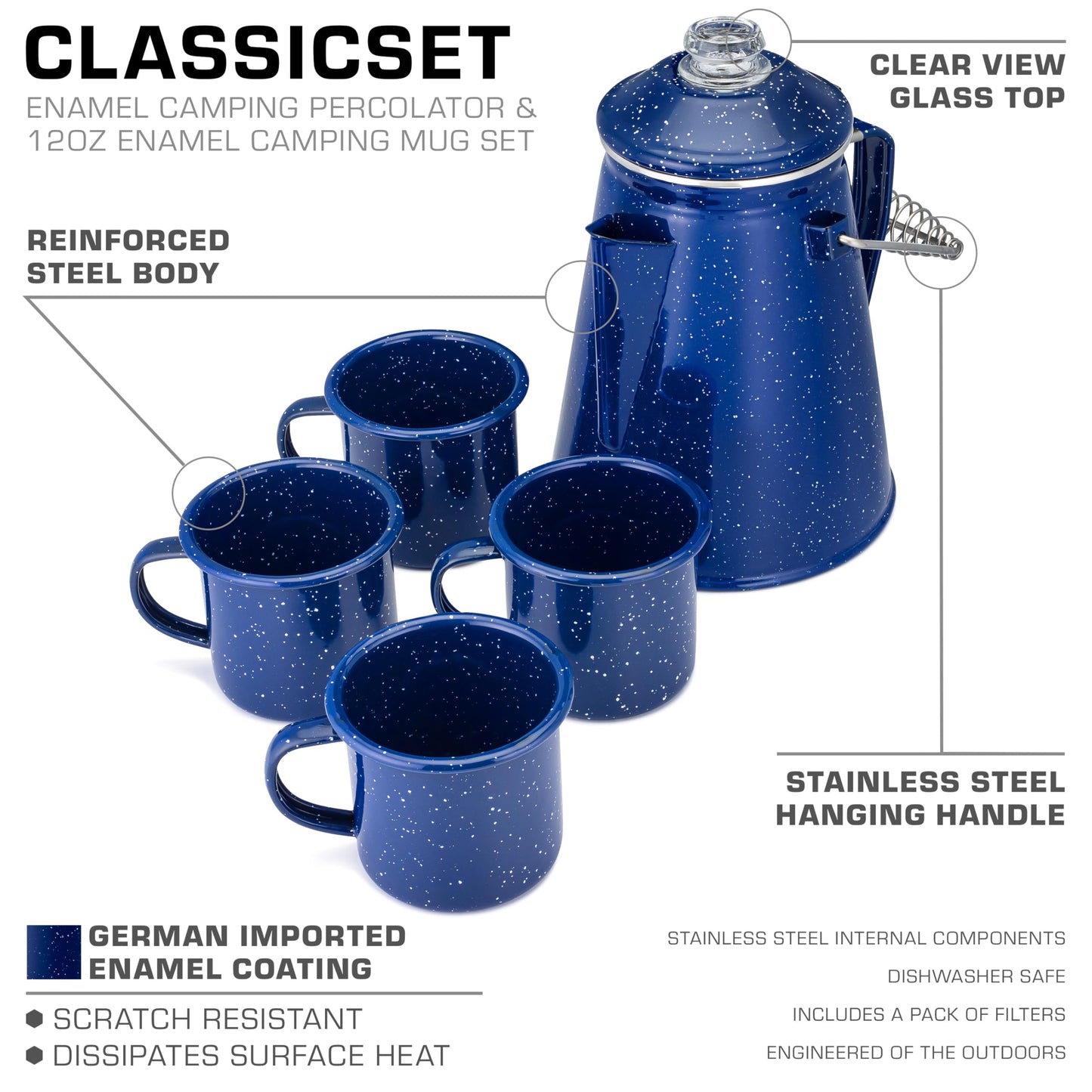 COLETTI Classic Enamel Set Coffee Percolator & Mugs — The Most Nostalgic Camping Coffee Pot, Now Modernized [12 Cup Percolator Coffee Pot & Set of 4 Mugs] (Blue)