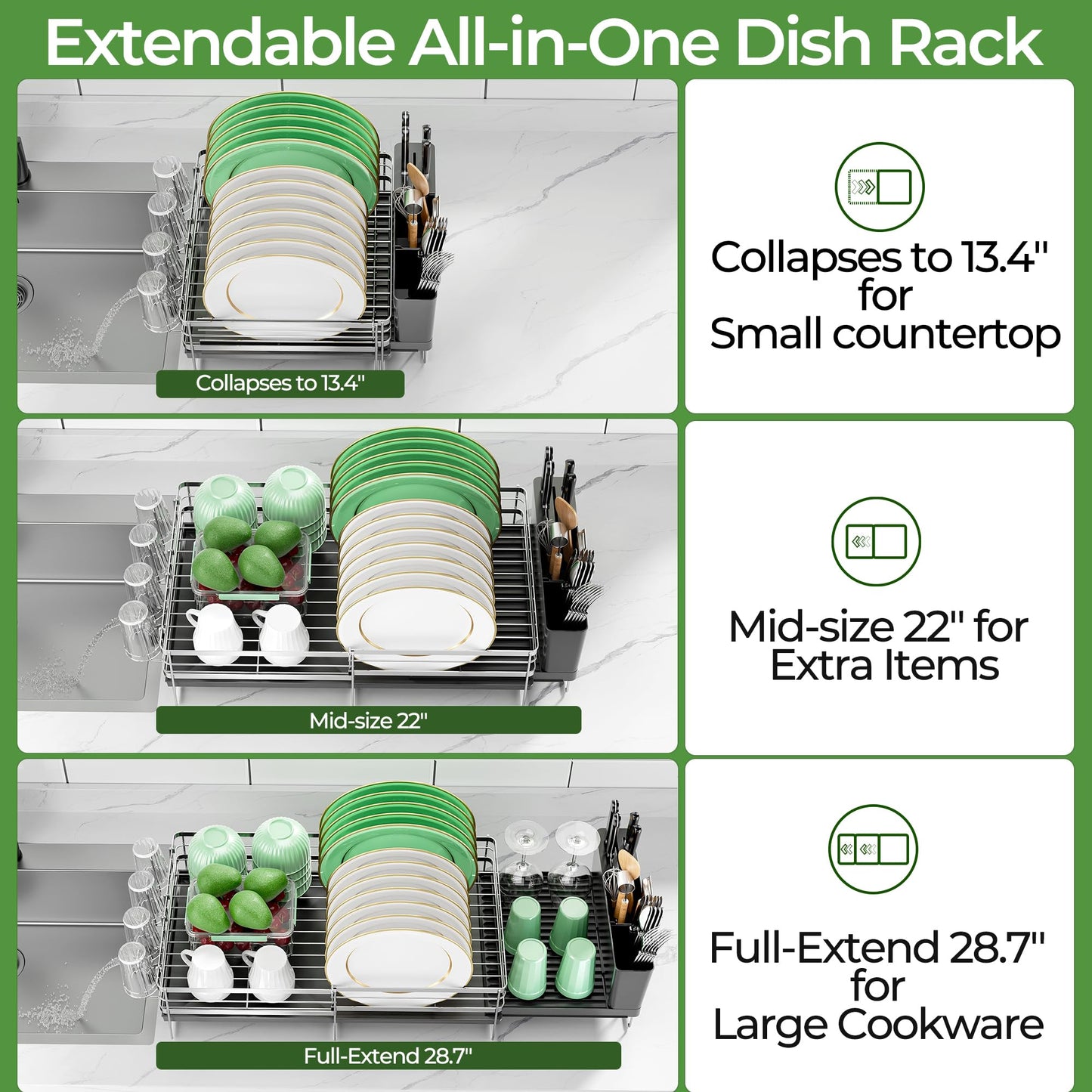 Large Dish Drying Rack, Expandable Dish Rack, Stainless Steel Anti-Rust Dish Racks for Kitchen Counter, Multifunctional Dish Drainer with Utensil Holder & Cup Holder, 13.4"-28.7" L x 11.8" W (1 Tier)