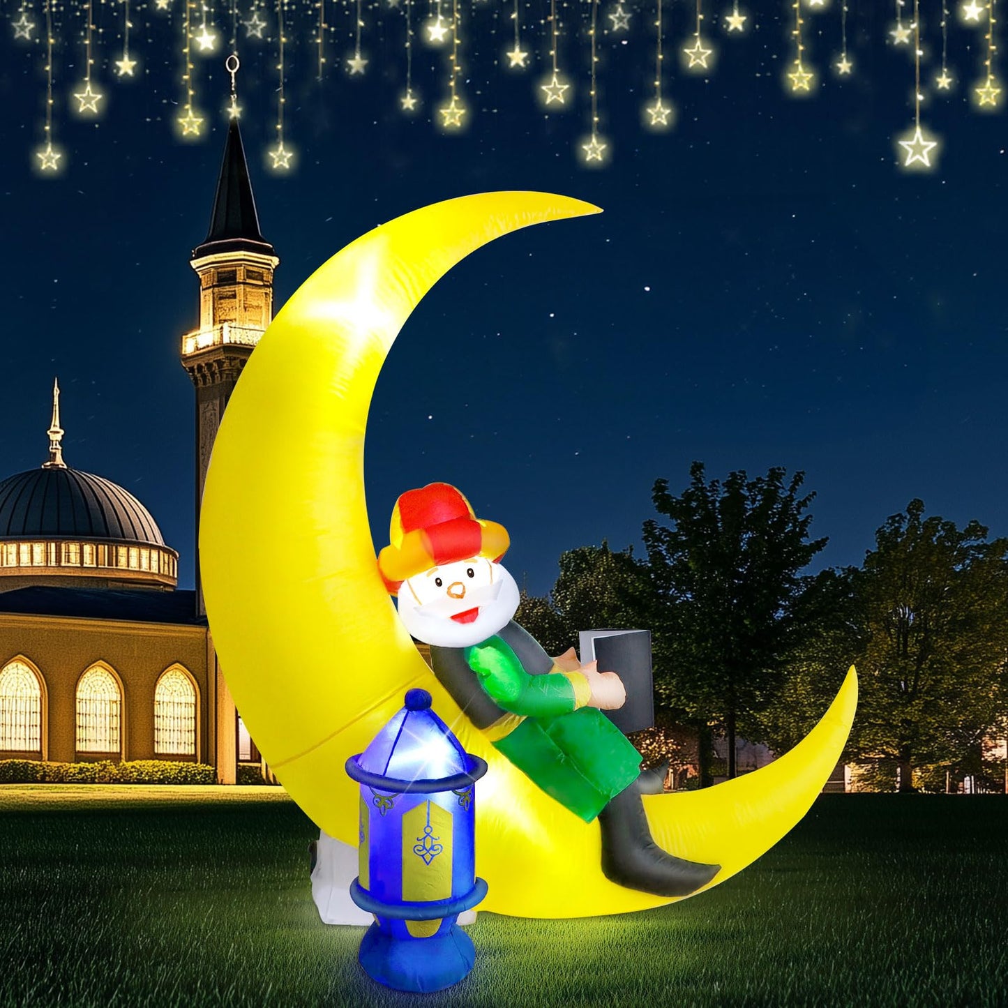 Ramadan Inflatable Decorations 5.8Ft, Eid Mubarak Moon + Tabi'Un + Ramadan Lantern Inflatable with 4 Bright LED Lights, Eid Mubarak Muslim Holiday Outdoor Yard Decorations