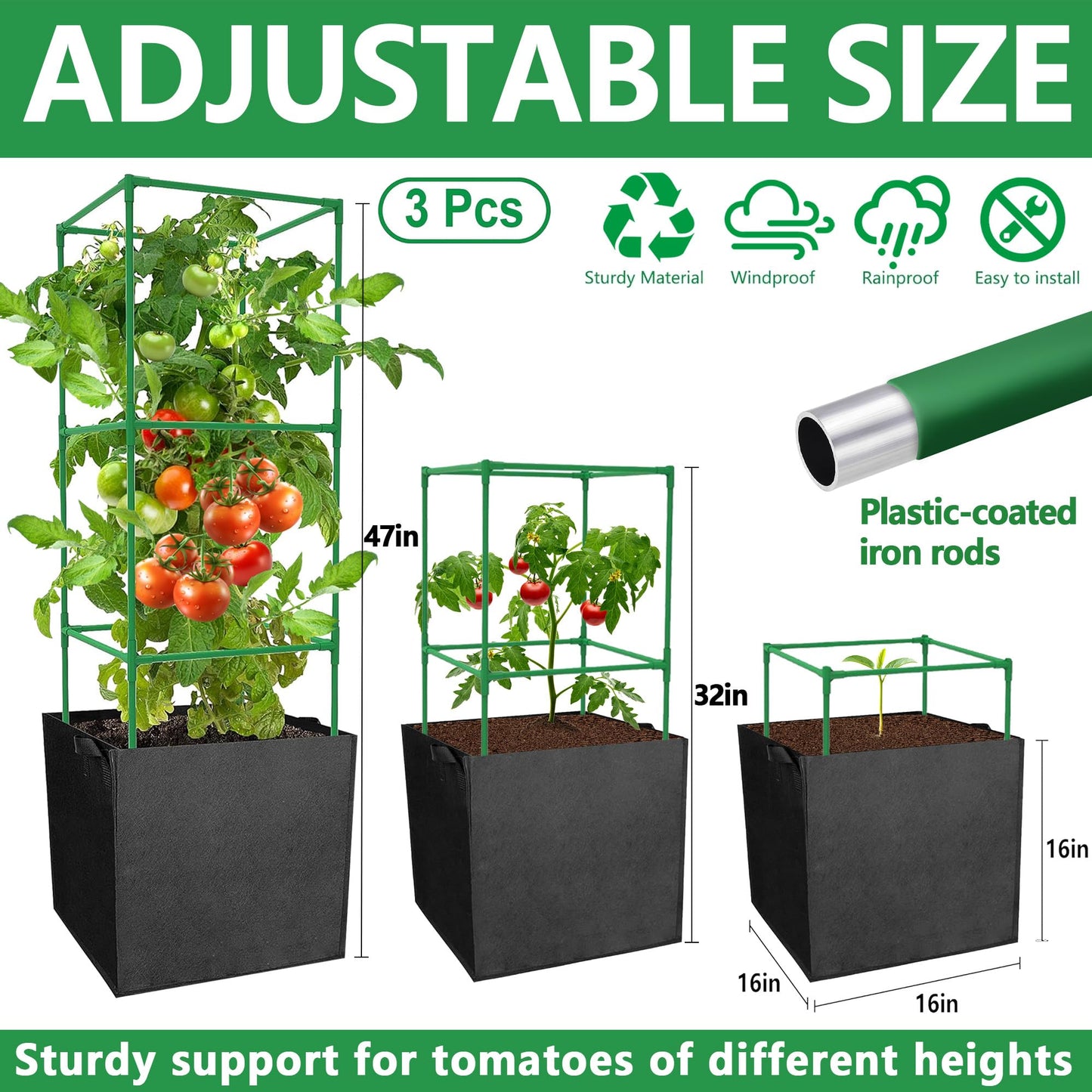 3 Packs 47 x 16 x 16 Inch Garden Tomato Cages with 17.7 Gallon Grow Bags- Square Plant Support Trellis Assembled with Felt Planter Bags- Garden Cucumber Vegetables Frames for Vertical Climbing Plants