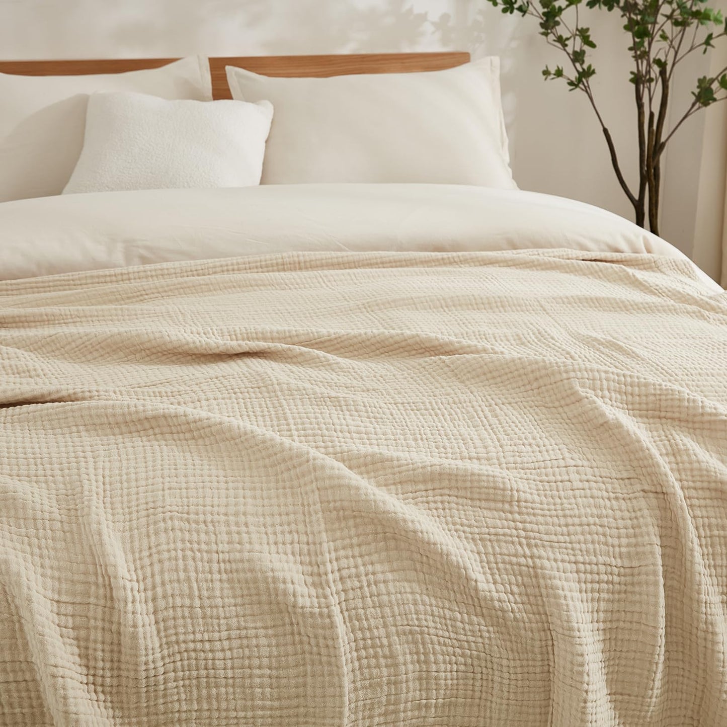EMME Cotton Bed Blanket Twin Size Soft Muslin Boho Bedding Lightweight Breathable Twin Blanket All Season Gauze