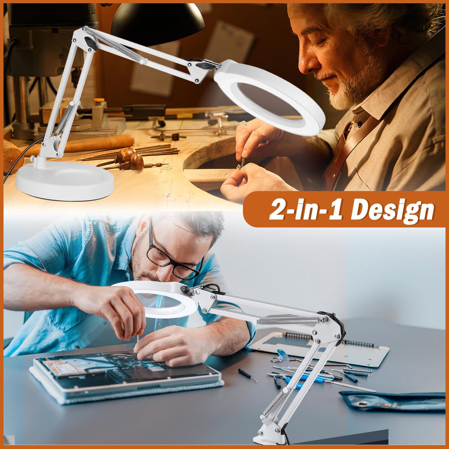 Veemagni 12X Magnifying Glass with Light, 5 Color Modes Stepless Dimmable 2-in-1 Desk Lamp and Clamp, LED Lighted Magnifier and Stand, Hands Free for Craft Repair Hobby Painting Close Work White
