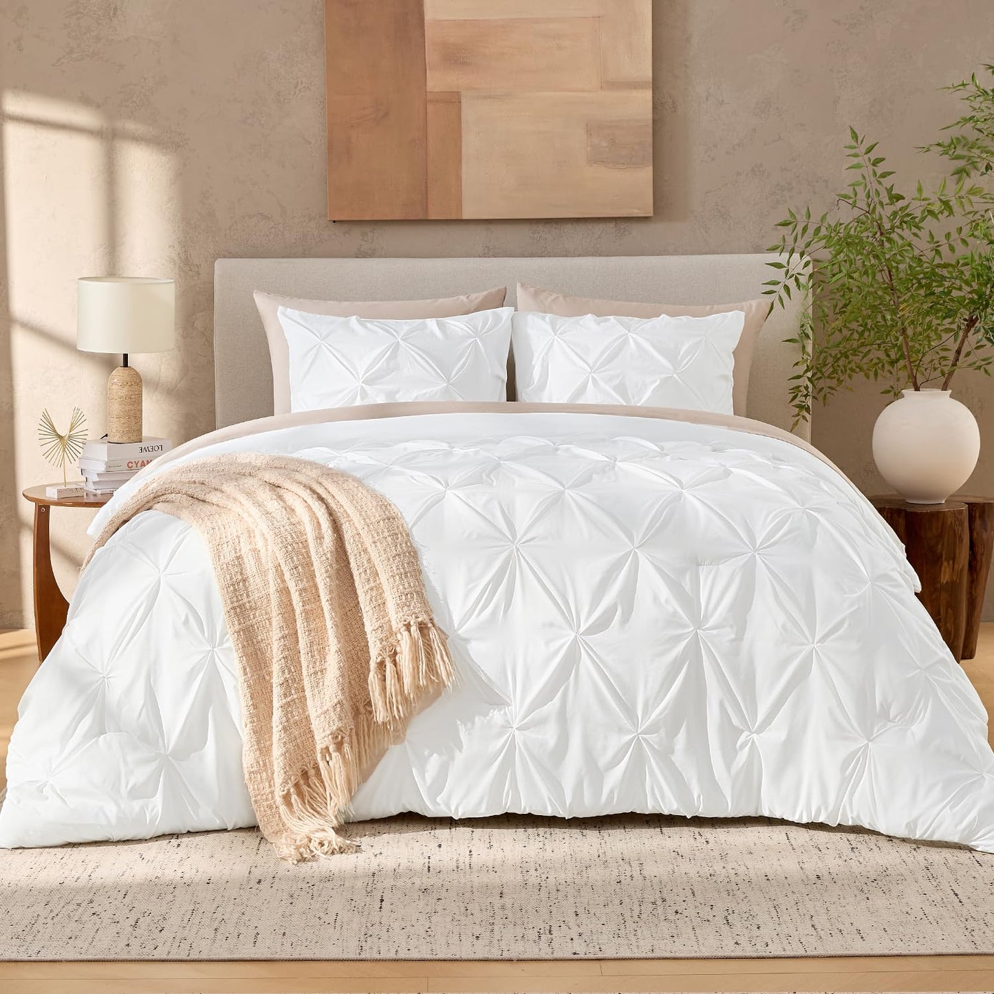 Andency White Queen Comforter Set(90x90Inch), 3 Pieces Cute Pinch Pleat Bedding Comforters & Sets for Queen Bed, Soft Lightweight Fluffy Down Alternative All Season Bed Set