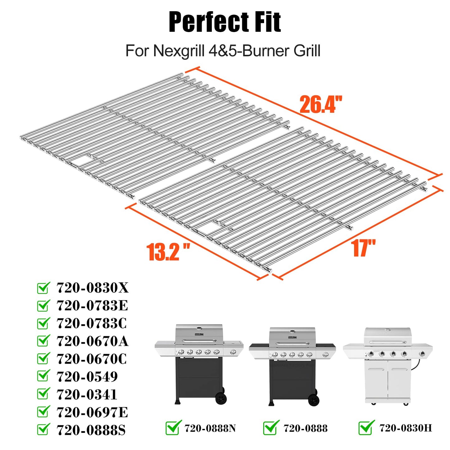 Hisencn 17" x 13 1/5" Cooking Grates for Nexgrill 720-0830H, 720-0830D, 720-0783E, 720-0783C, 720-0888, Stainless Steel Cooking Grid Replacement Parts for Home Depot Nexgrill 4&5-Burner Gas Grill,2pcs