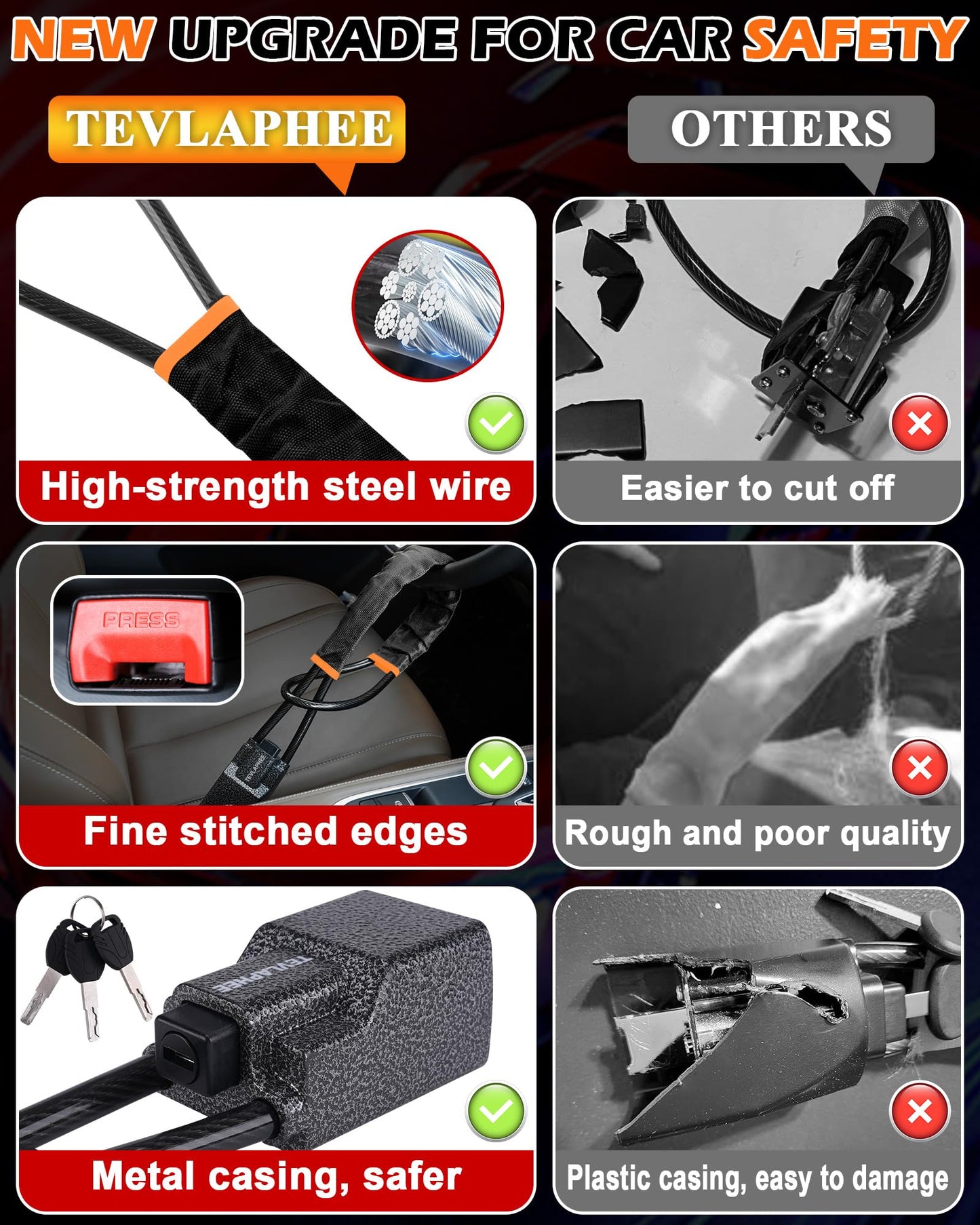Tevlaphee Steering Wheel Lock Seat Belt Lock Universal Anti Theft Car Device Car Lock Car Theft Prevention with 3 Keys for Car Security Fit Most Vehicles Truck SUV Van (Black)