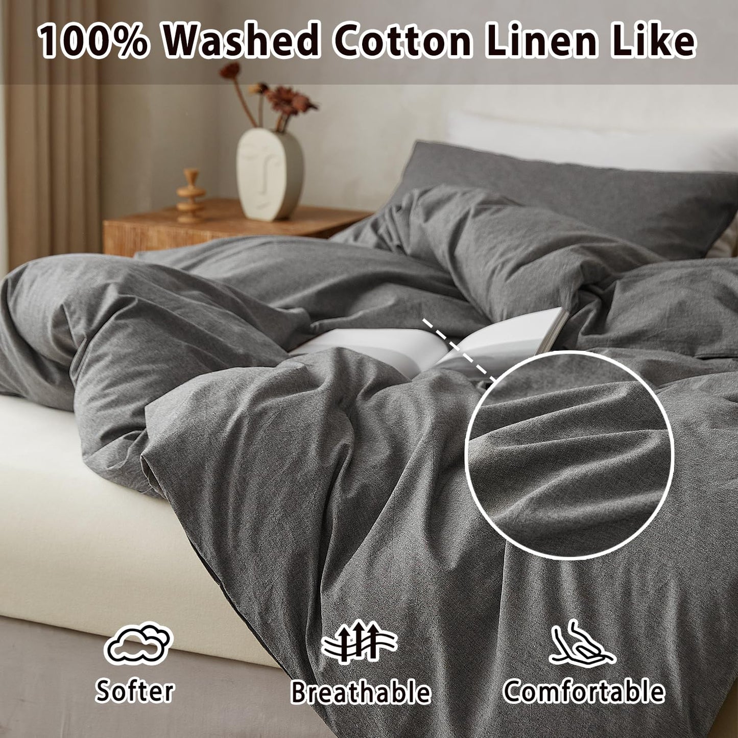 TOCOMOA Duvet Cover Set 100% Washed Cotton Linen Feel Soft Comfy Breathable 3 Piece Comforter Covers Bedding Set (King, Heathered Dark Grey)