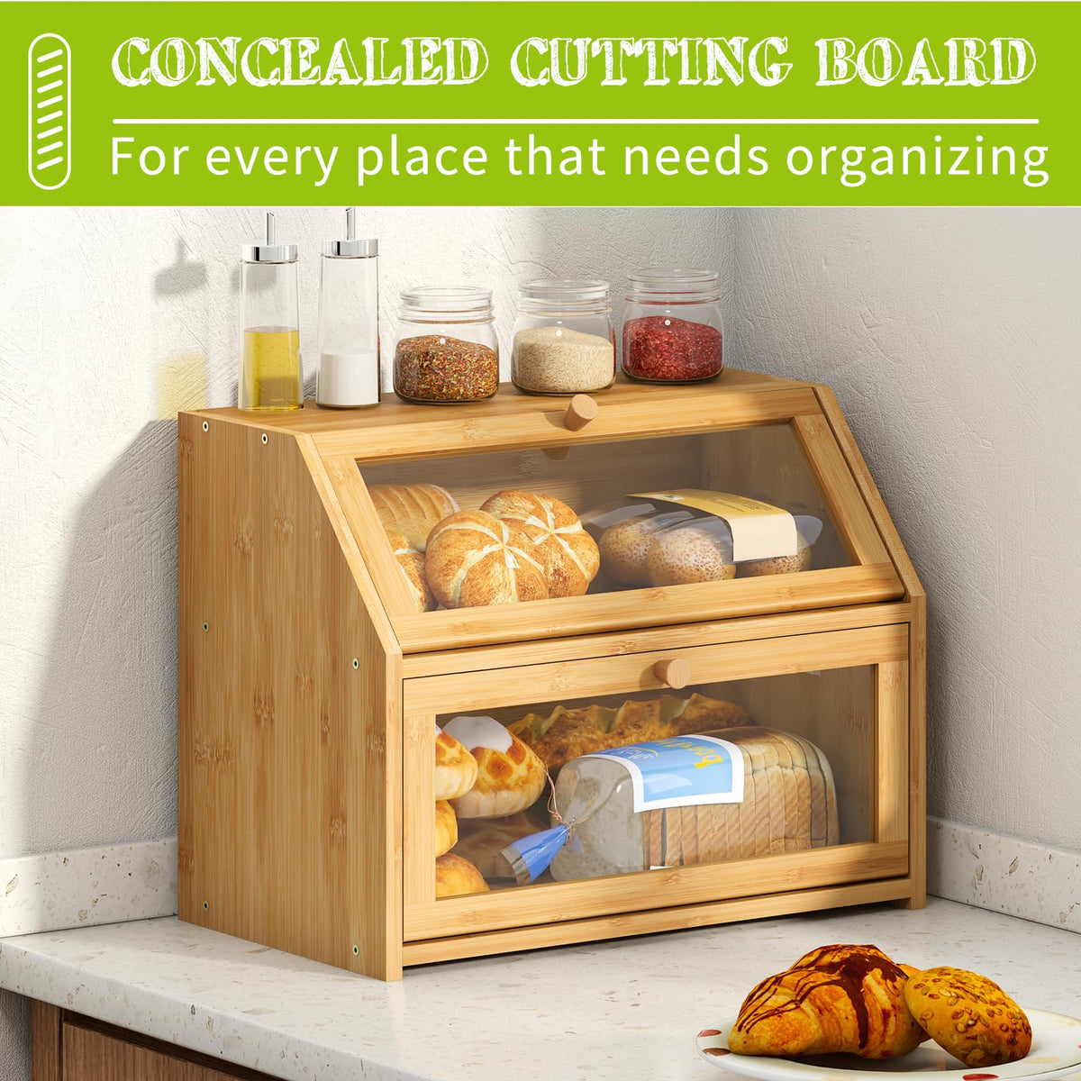 Bread Storage Farmhouse Bread Box For Kitchen Countertop Bread Container With Clear Window Breadbox Double Layer Bamboo Wooden Extra Large Capacity Bin Kitchen Food Storage Container (Trapezoid Bread Box)