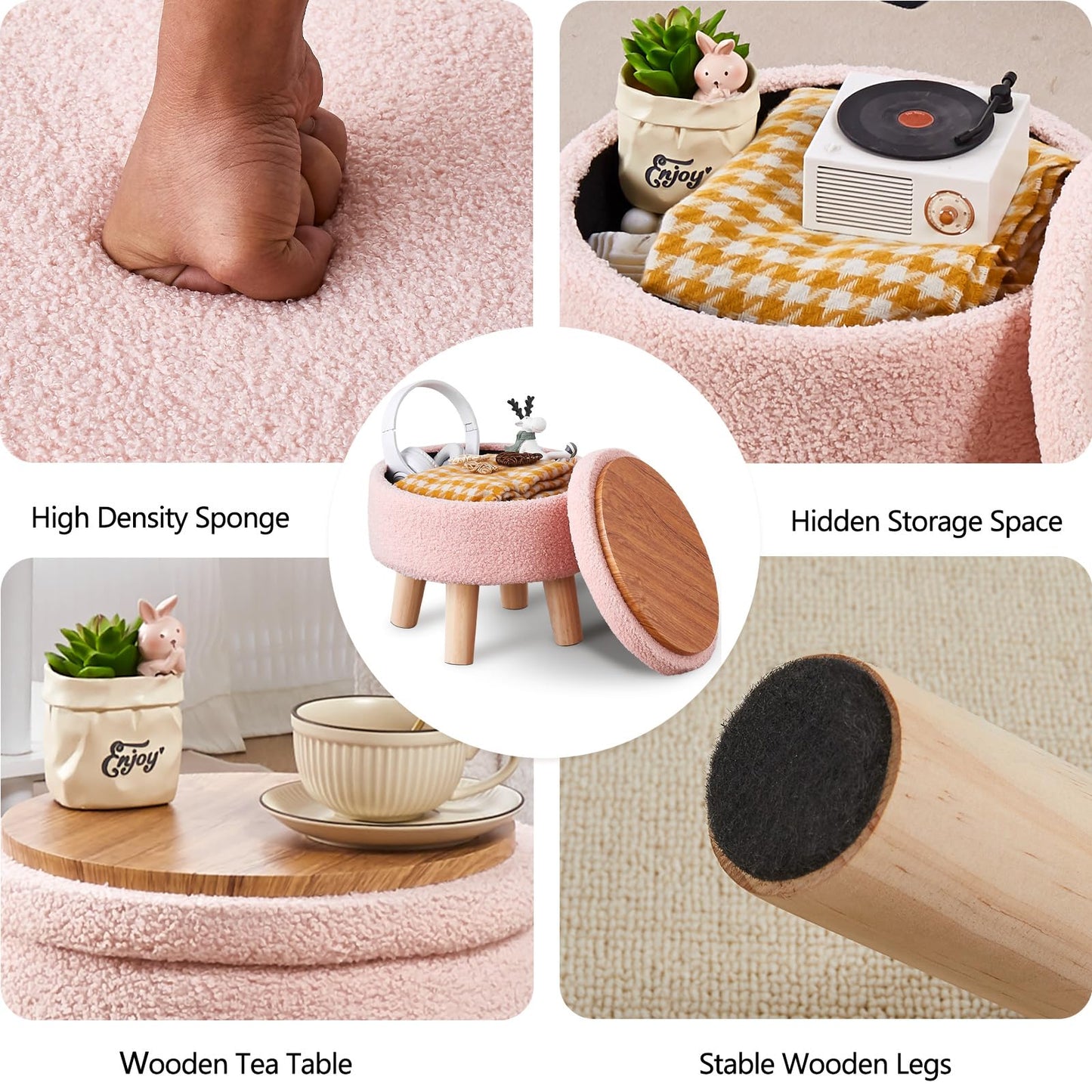 Wimarsbon Storage Ottoman, Modern Round Footrest with Soft Padded Seat, Teddy Velvet Footstool with Wood Legs, Accent Small Table or Plant Stand for Hallway, Living Room (Pink)