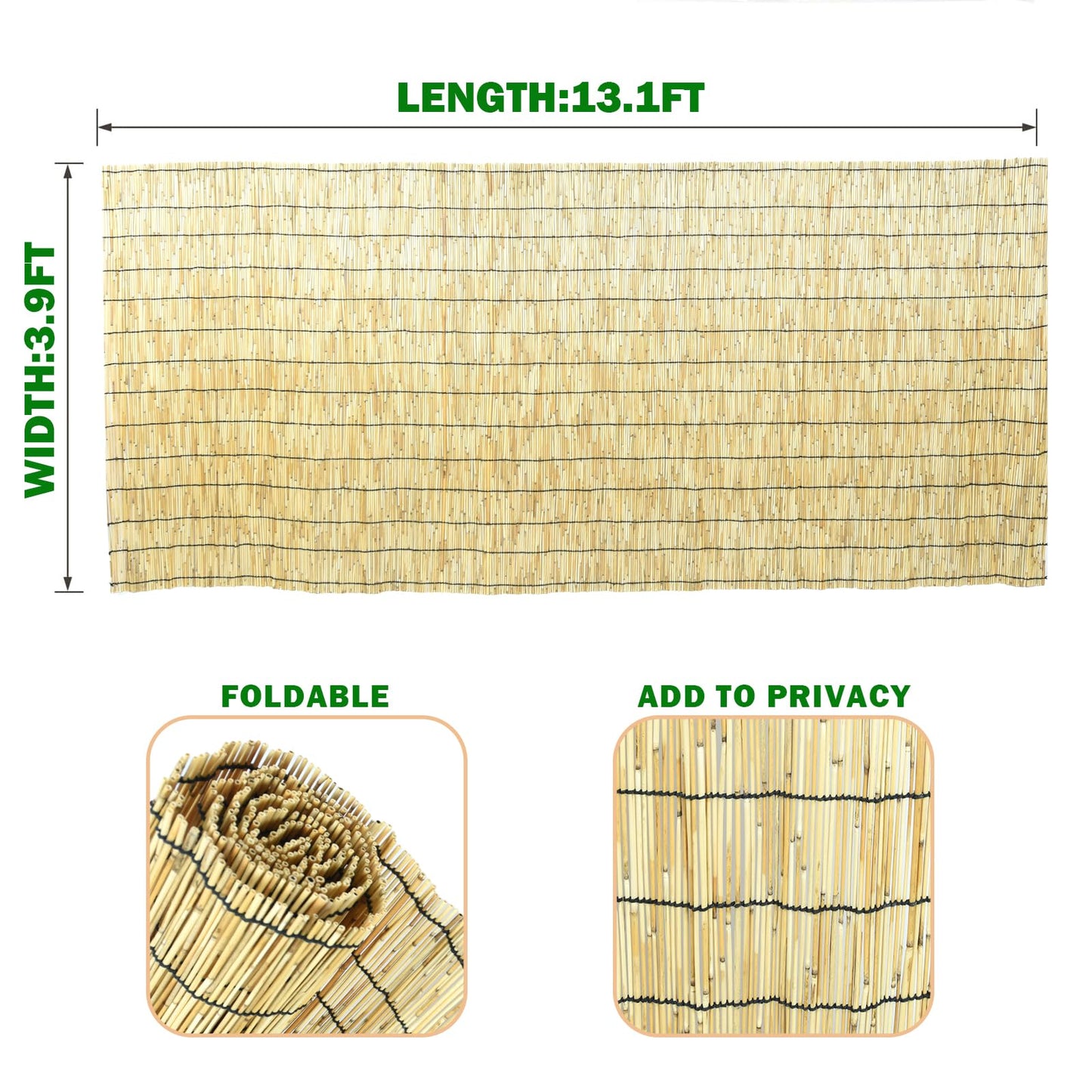 Jollybower Natural Reed Fencing Rolls, Eco-Friendly Reed Fence Curtain, 4Ft High x 13Ft Long Reed Screen, Decorative Fence for Garden, Balcony, Window Privacy（Pack of 1）