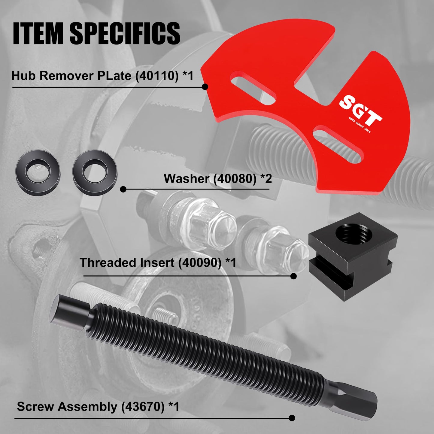 SGT 40100 Hub Remover Set,Wheel Bearing Hub Remover Tool Set Compatible with 5 6 8 Lug Hub Assemblies on Cars and Trucks,Wheel Hub Removal Tool with Gloves