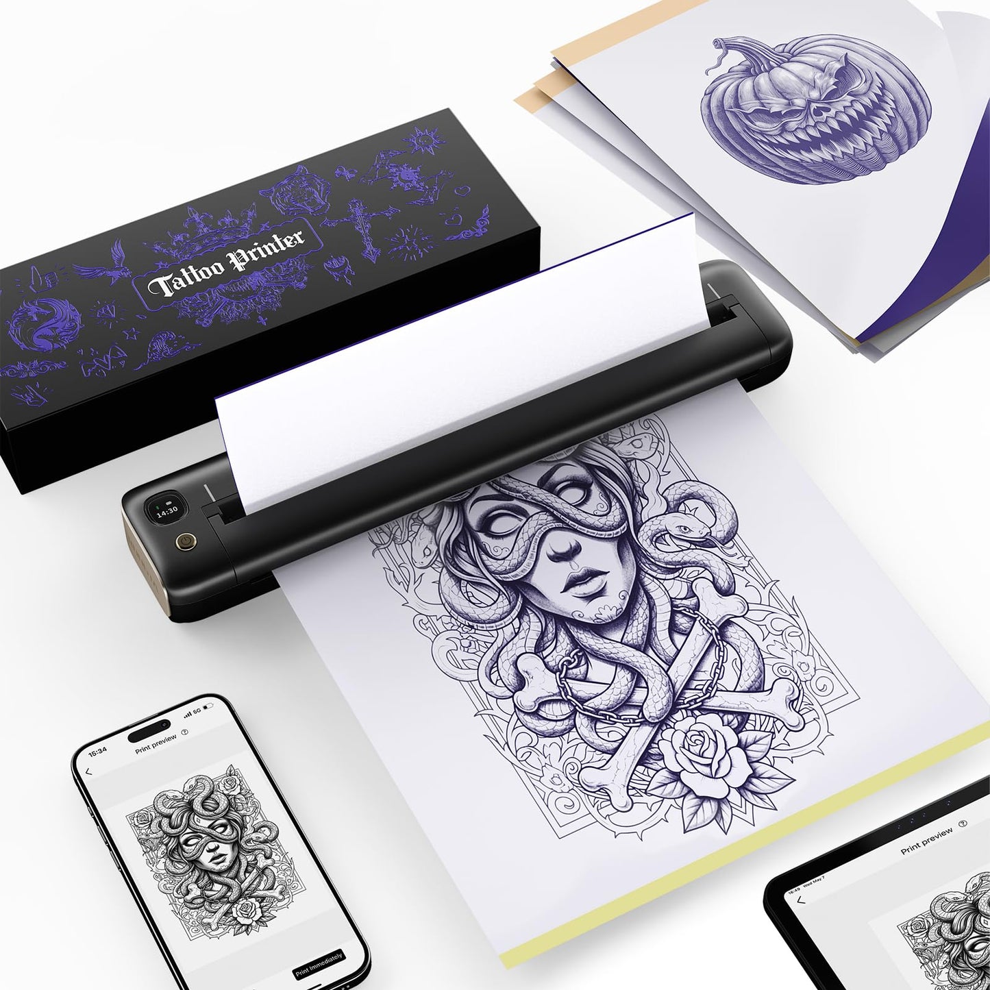 Rongta Tattoo Stencil Printer, F81S Wireless Thermal Tattoo Printer with 5pcs Transfer Paper, Compatible with Phone/Tablet/PC, Tattoo Supplies for Tattoo Artists, Grey
