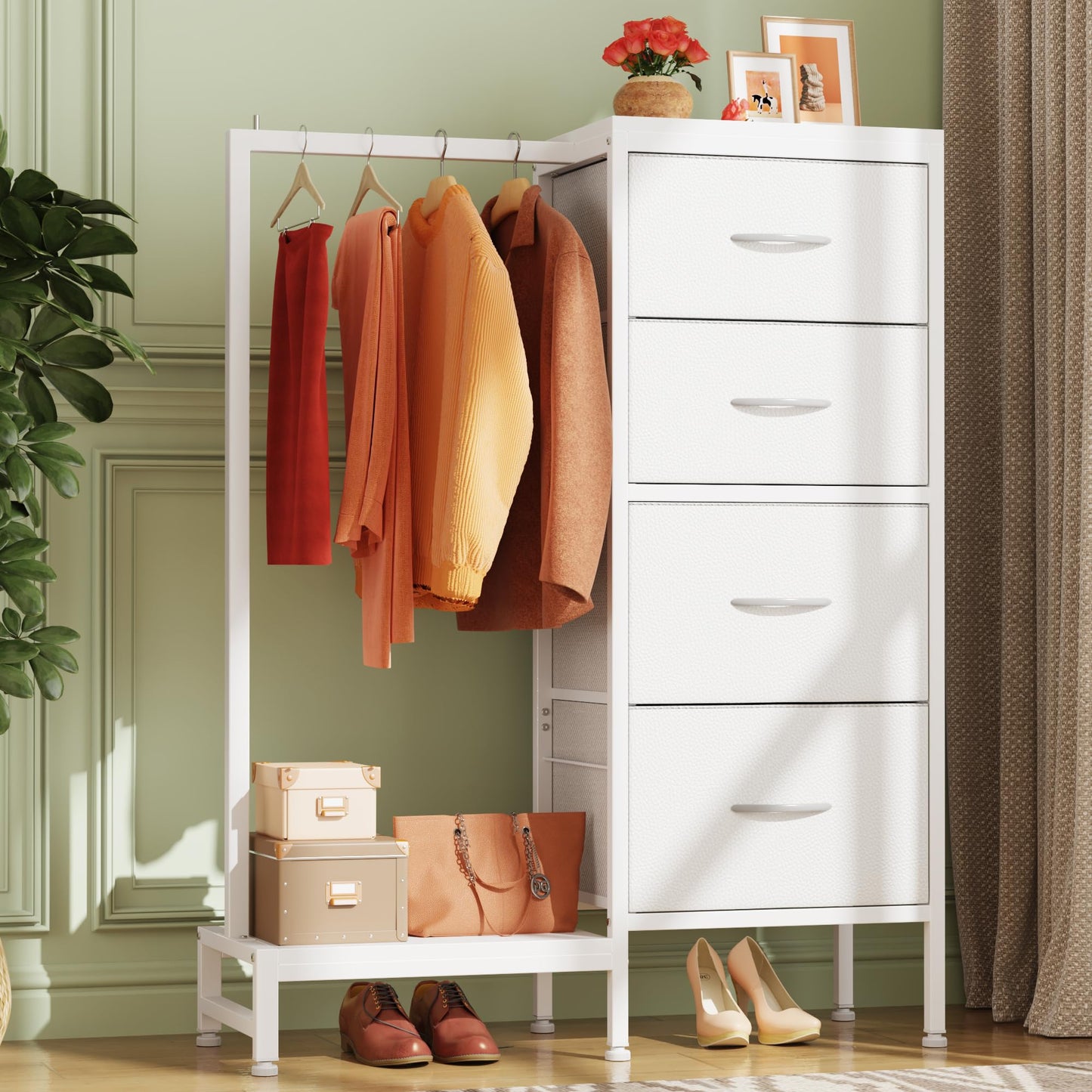 HIGDBFE Dresser with Hanging Rack, 4 Drawers Small Closet for Bedroom, Reversible Fabric Chest of Drawers with Clothes Rack, Tall Storage Tower, Sturdy Frame, White, 43.5''H