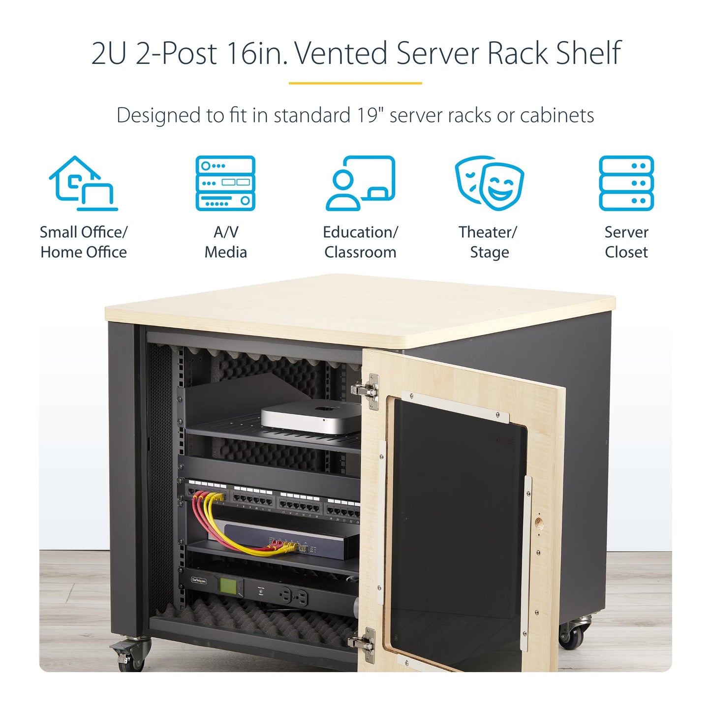 StarTech.com 2U Vented Server Rack Shelf, 16in/41.5cm Mounting Depth, for 19" Rack/Cabinet, SPCC Steel, Max 44lb/20kg