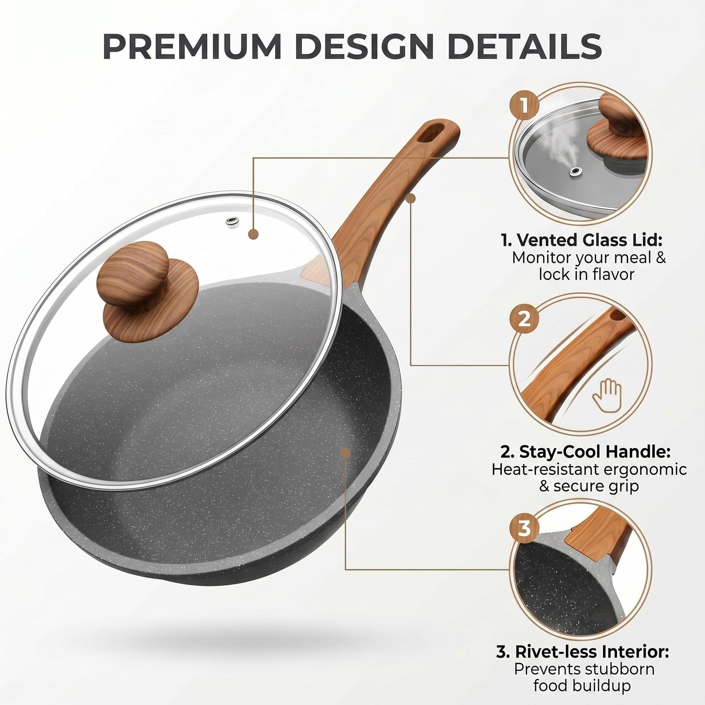 YASHE 24CM/3.3L Nonstick Deep Frying Pan w/Glass Lid, Dishwasher Safe