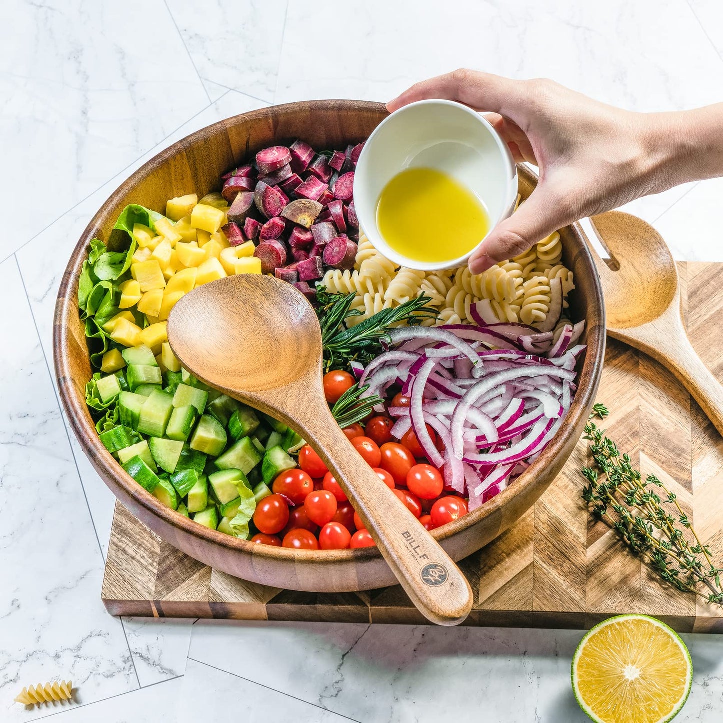 Bill.F Wooden Salad Bowl, 12'' Acacia Wood Salad Bowls Set Large Salad Mixing Bowl with Servers-3-Piece Big Salad Bowl Set